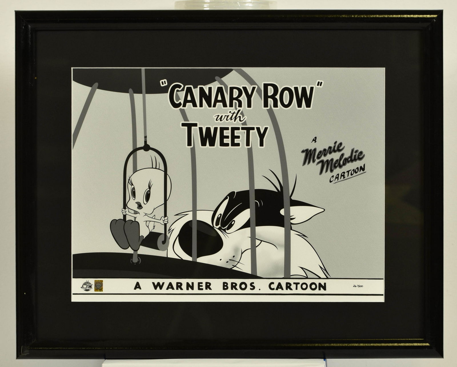 Warner Bros. Sylvester and Tweety Giclee: A Warner Bros. limited edition giclee entitled " Bird in a Guilty Cage ." This scene is taken from an actual freeze-frame from the Looney Tunes cartoon short, A Bird in a Guilty Cage , released in 195