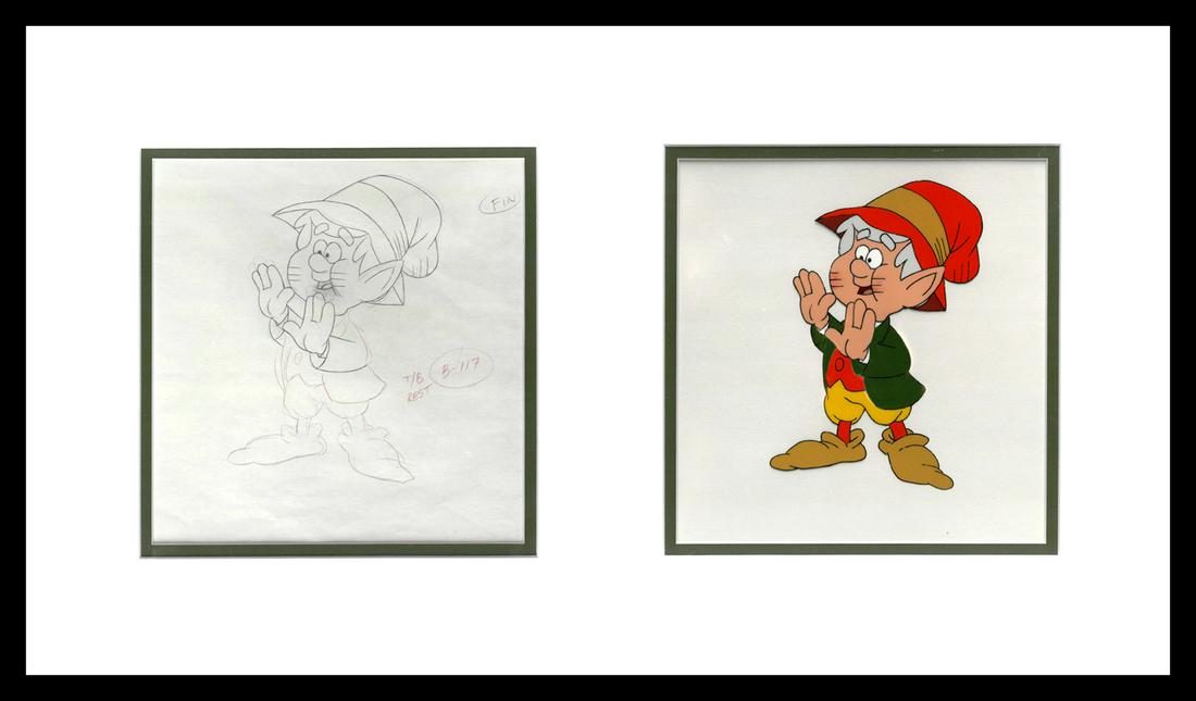 Keebler Elf - Original Production Cel and: This original production cel with matching drawing features the Keebler Elf from the Keebler Brand of Products. This cel and drawing were used in the 1980â€™s TV Commercials. Comes framed with Ce