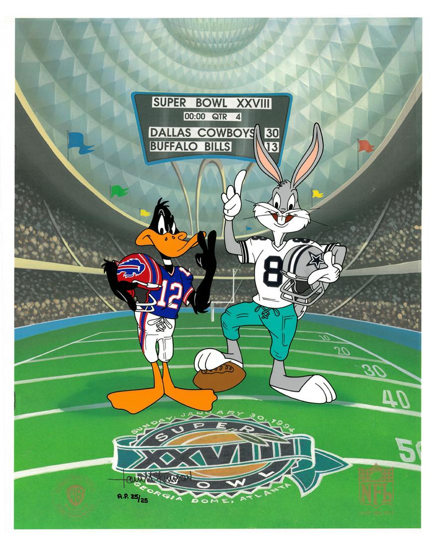 Buffalo Bills/Dallas Cowboys - Hand-Painted WB Cel: This 12-field hand-painted cel is entitled " Super Bowl XXVIII " This image features Daffy Duck as a Buffalo Bill and Bugs Bunny as a Dallas Cowboy ready to start the game. The original drawing was cr