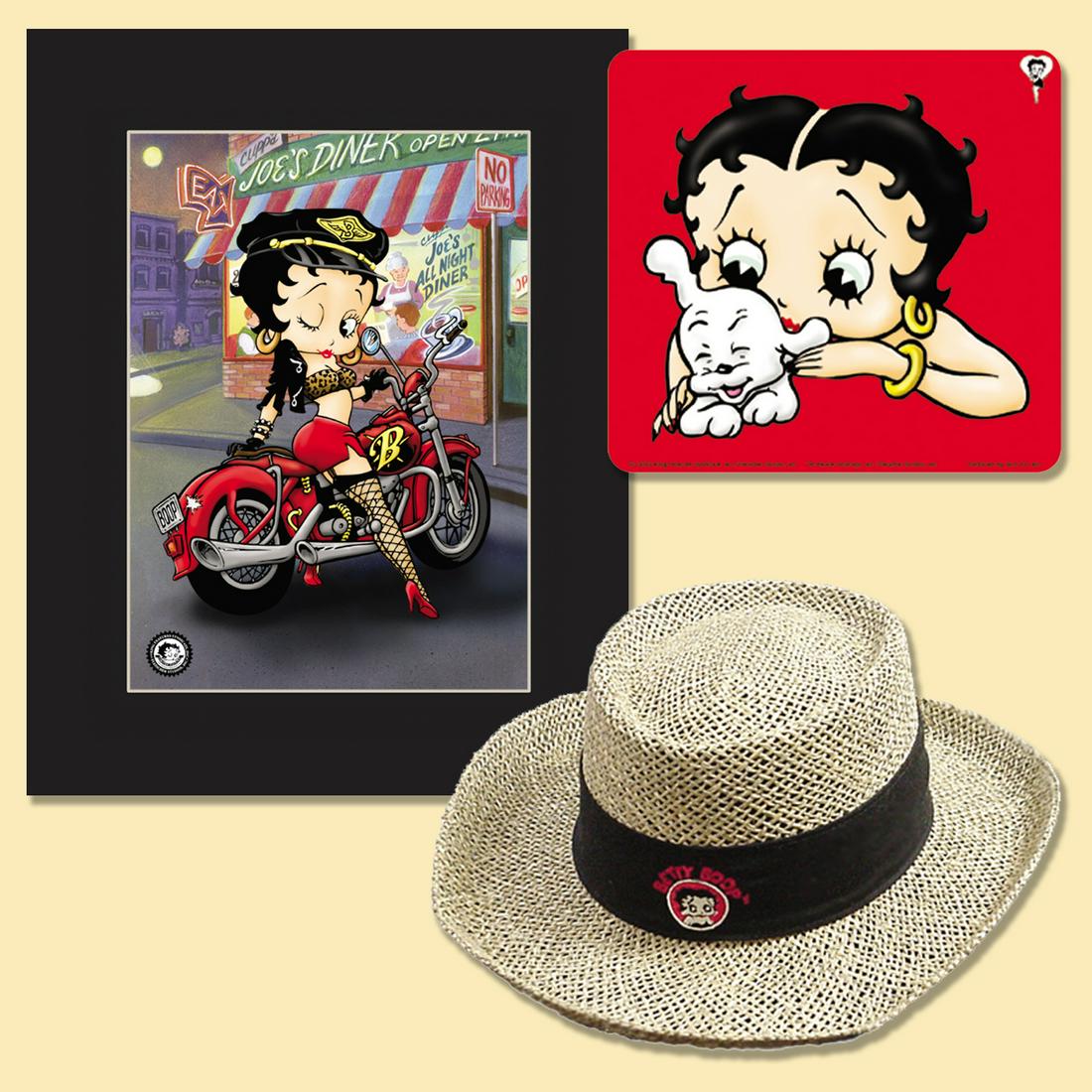 Betty Boop Package - Lithograph, Mouse Pad & Golf Hat: This Betty Boop Bundle - For the Betty Boop Fan -includes a matted limited edition lithograph of Betty Boop entitled "Biker Betty" a mousepad with Betty Boop and Pudgy, and a Betty Boop Golf Hat.