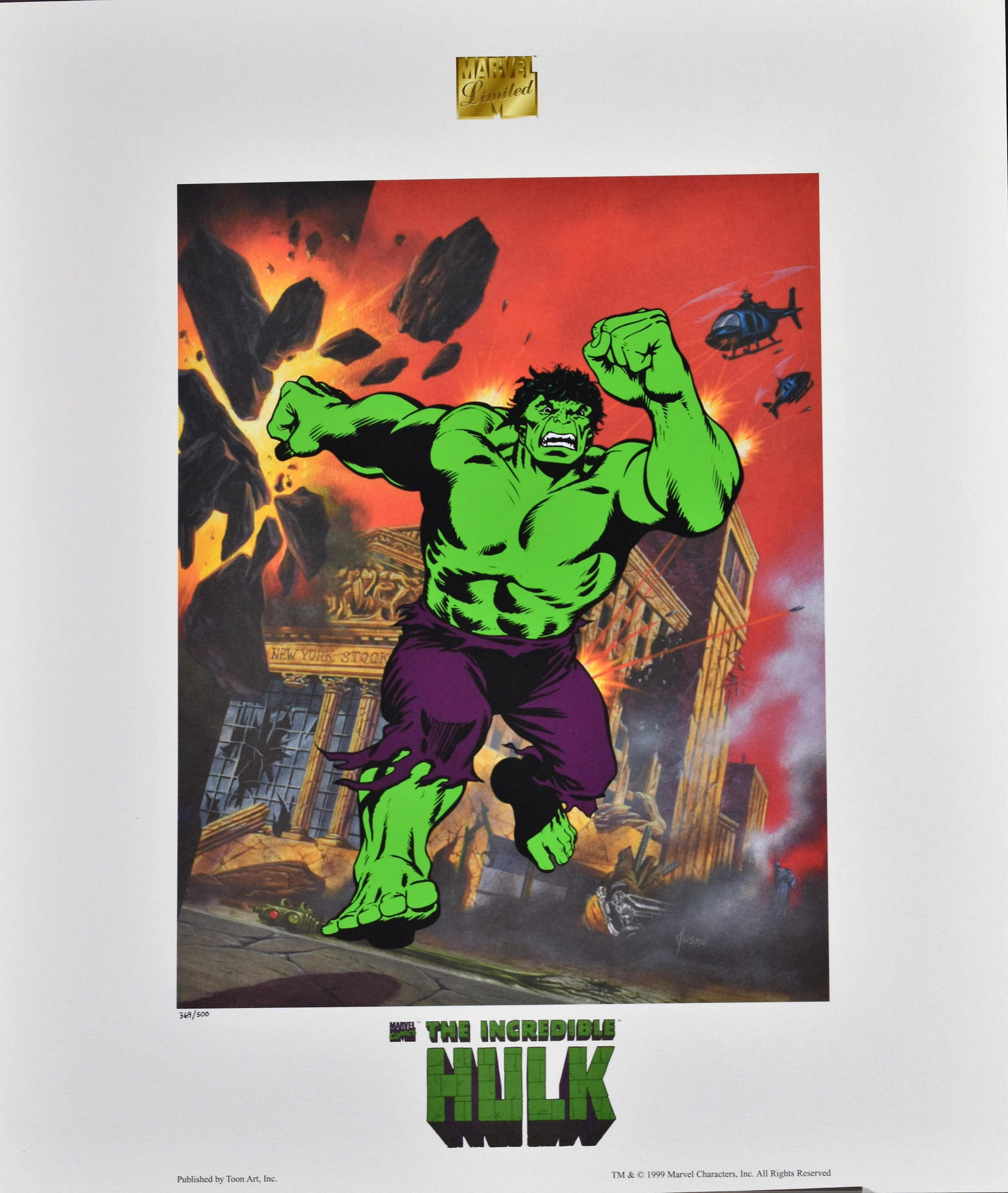 The Incredible Hulk - Marvel Lithoserigraph: A Marvel Comic lithoserigraph. " The Incredible Hulk ," features a Certificate of Authenticity by Classic Moments indicating it was released by Marvel Entertainment Inc. in 1998 and is numbered out of