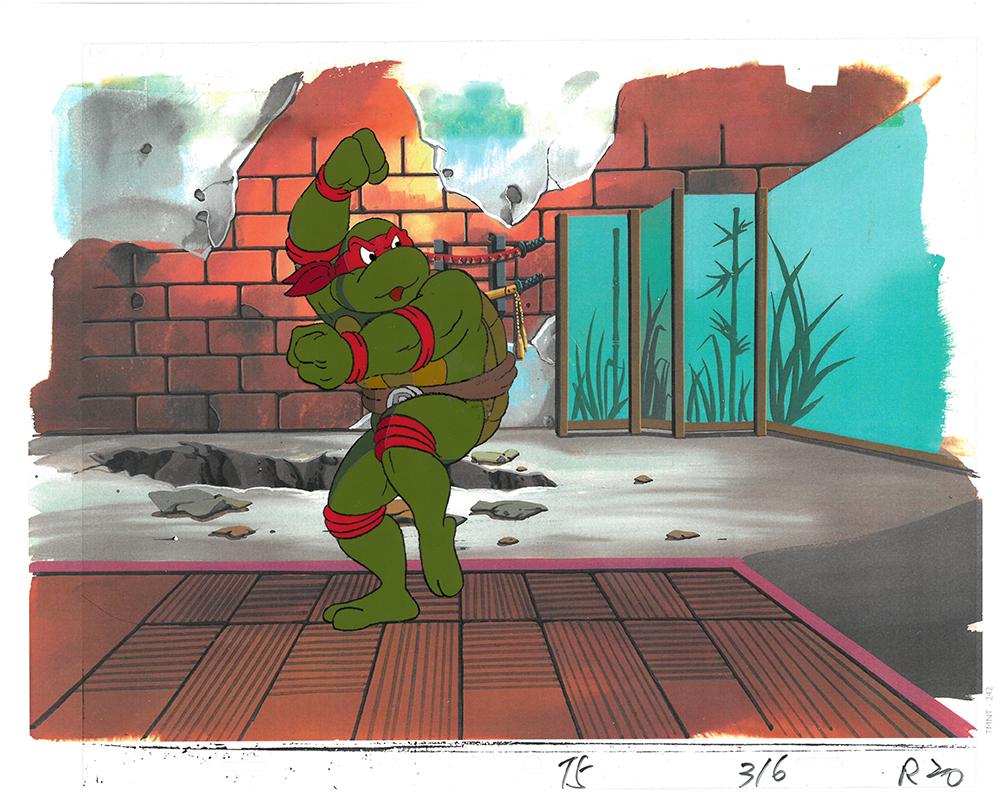 Raphael of (TMNT) Turtles- Original Production Cel: An original Teenage Mutant Ninja Turtle production cel. This cel depicts a frame from a scene in a Teenage Mutant Ninja Turtles cartoon episode. This frame features Raphael . Is produced by Murakami-W