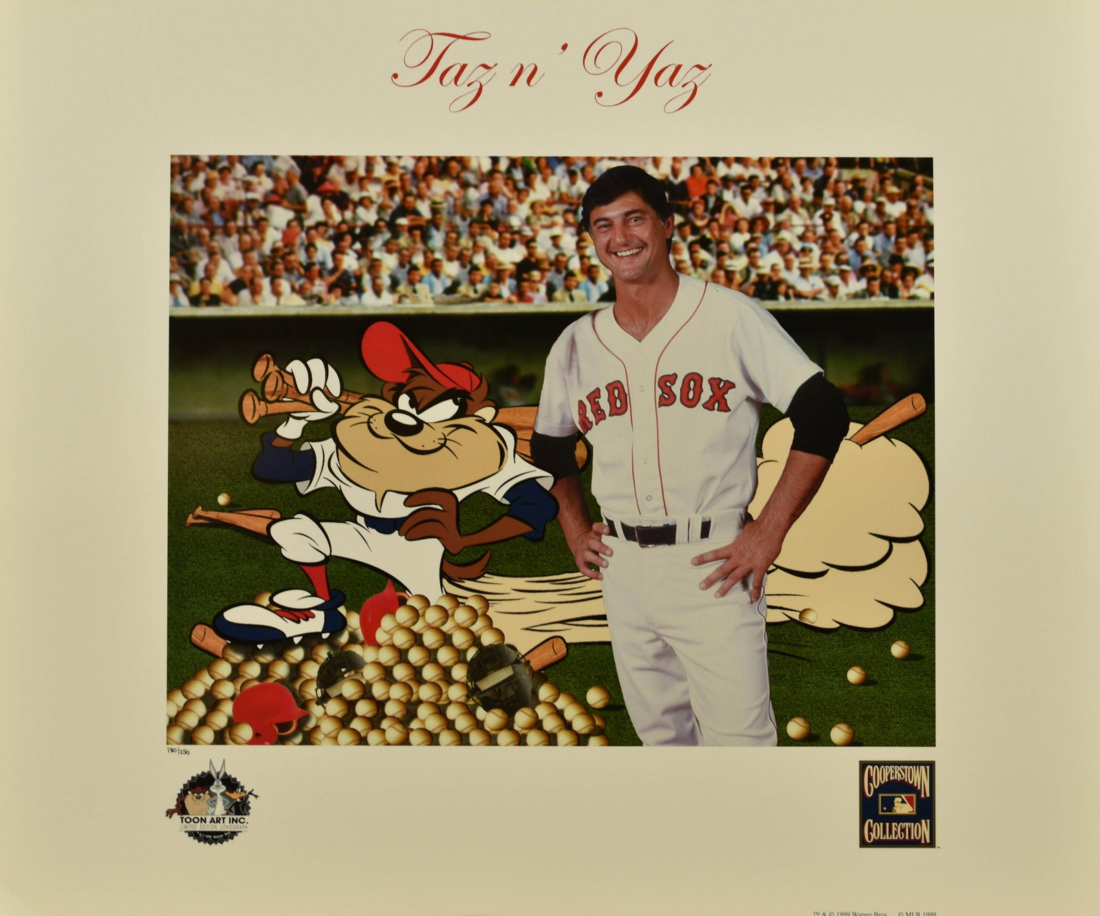Carl Yastrzemski Warner Bros. L.E. Litho: A limited edition Warner Bros. lithograph entitled " Taz n' Yaz ." This special limited edition image pays tribute to Hall of Fame and Triple Crown winner Carl Yastrzemski (Yaz). The photo of "Yaz" th