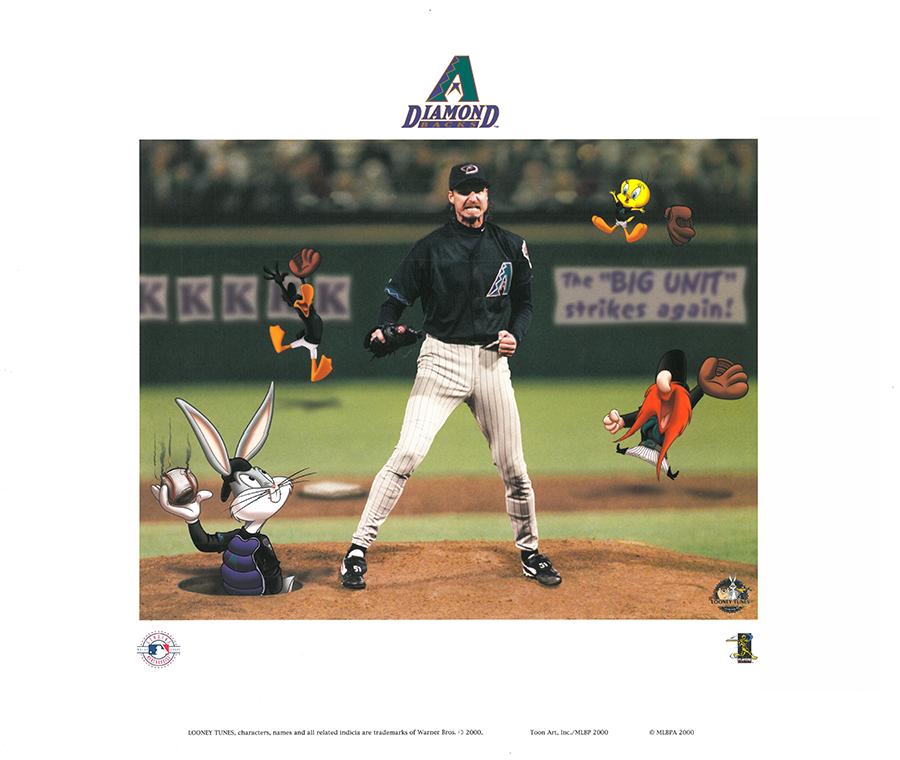 Randy Johnson -Arizona Diamondbacks -WB L.E. Lithograph: A Warner Bros. limited edition entitled "The Big Unit." This image features a shot of Arizona Diamondbacks pitcher, Randy Johnson, after throwing the pitch surrounded by Warner Bros. characters. This