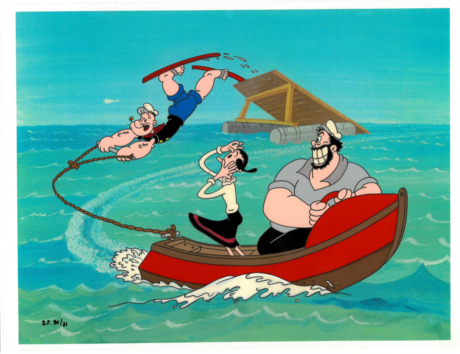 Popeye Jumps For Olive - Hand-Painted Cel: This 12-field hand-inked, hand-painted cel is entitled " Popeye Jumps For Olive ." Popeye Jumps for Olive was created by Myron Waldman . Myron Waldman, a deceased animator, had over seven decades of e
