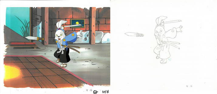 Miyamoto Usagi of (TMNT) Turtles- Original Production Cel/with Drawing: An original Teenage Mutant Ninja Turtle production cel and matching drawing. This cel depicts a frame from a scene in a Teenage Mutant Ninja Turtles cartoon episode. This frame features Miyamoto Usagi