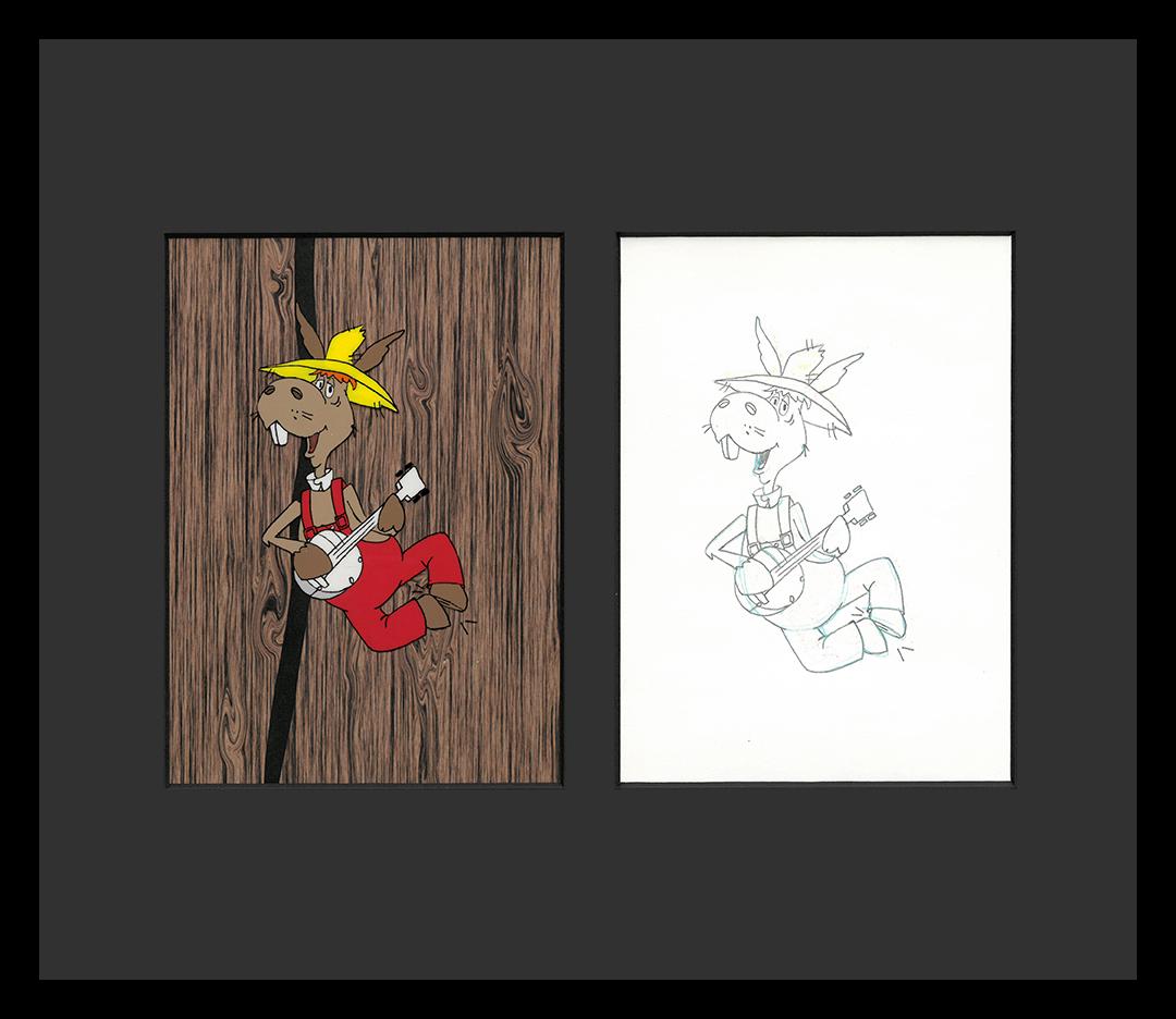 Hee-Haw Production Original Cels-Framed (1969-1971): An original production cel with matching drawing from the Television Show " Hee-Haw" 1969. Welcome to Hee Haw! Starring Roy Clark and Buck Owens , Country-themed comedy series that premiered on 6/15/6
