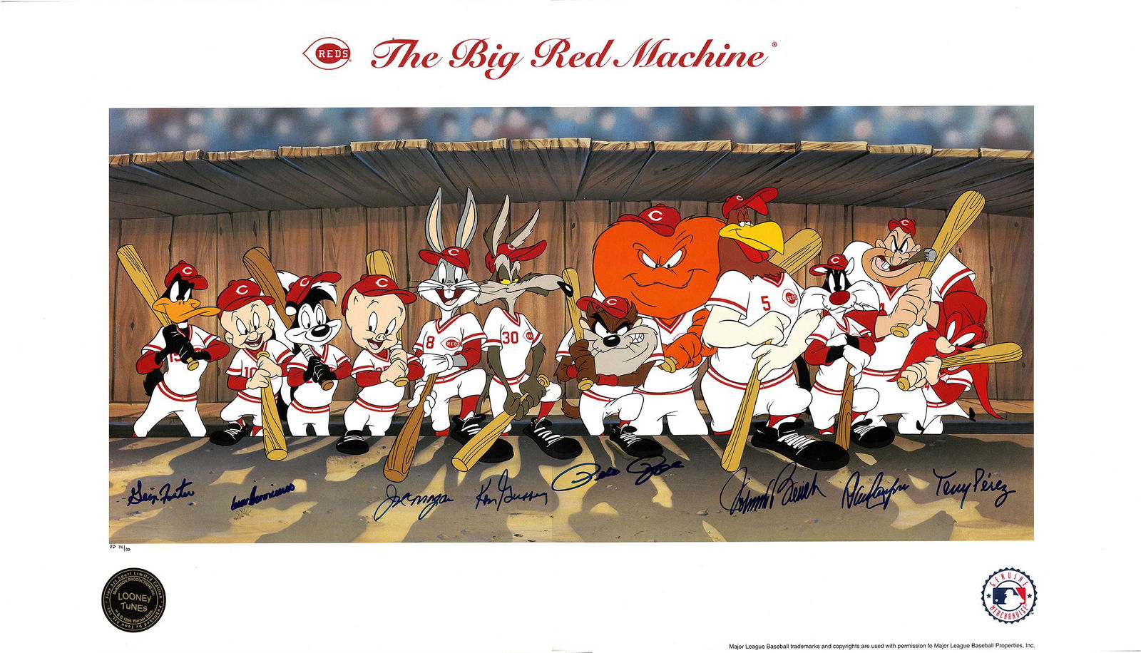 Signed Looney Tunes Big Red Machine - Morgan, Bench, Concepcion, Perez, Rose, Geronimo, Foster, (1 of 3)