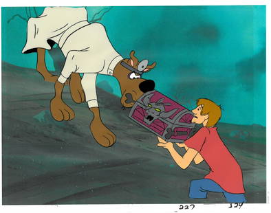 Scooby-Doo -Original Production Cel/Drawing-Scooby and Shaggy: An original multi-cel production set-up with matching drawing from "The Thirteen Ghosts of Scooby-Doo" with reproduction offset lithograph background. Featured is an original production cel on