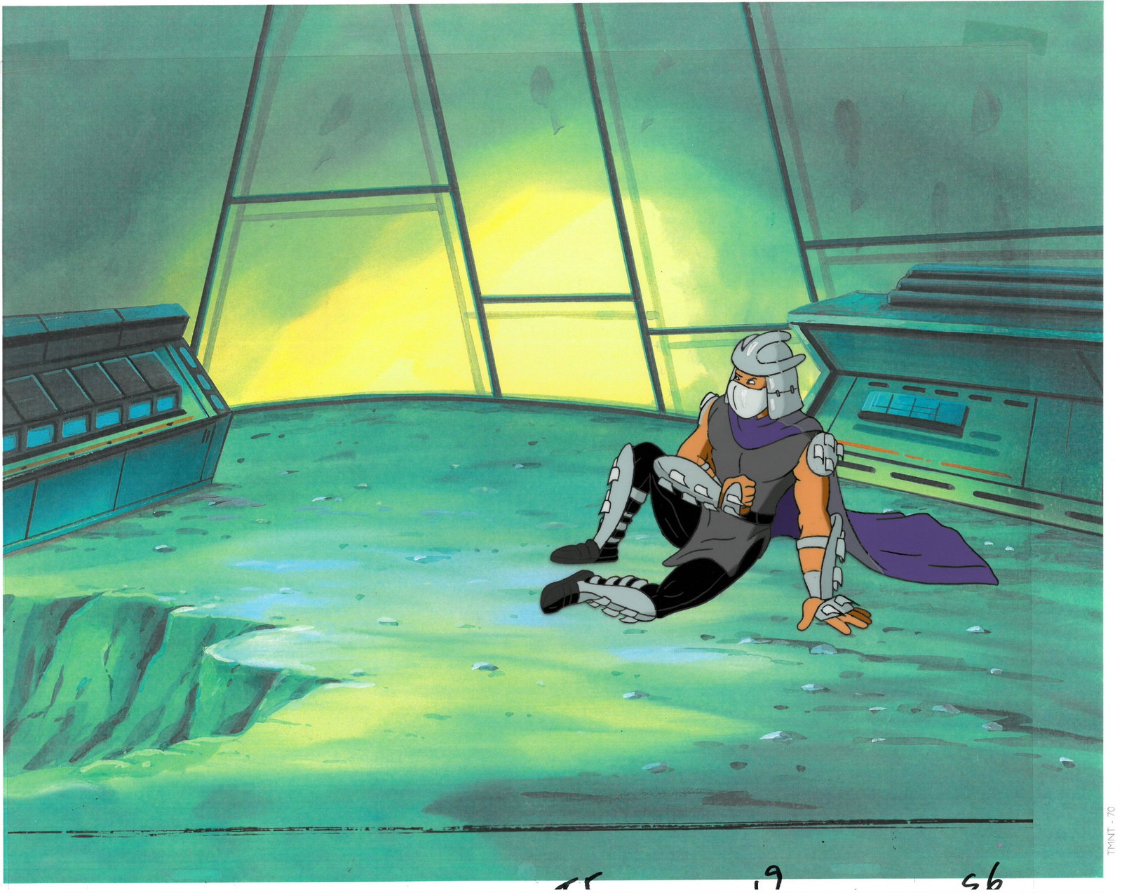 Shredder of (TMNT) Turtles- Original Production Cel/Drawing: An original Teenage Mutant Ninja Turtle production cel. This cel depicts a frame from a scene in a Teenage Mutant Ninja Turtles cartoon episode. This frame features Shredder. Is produced by Murakami-W