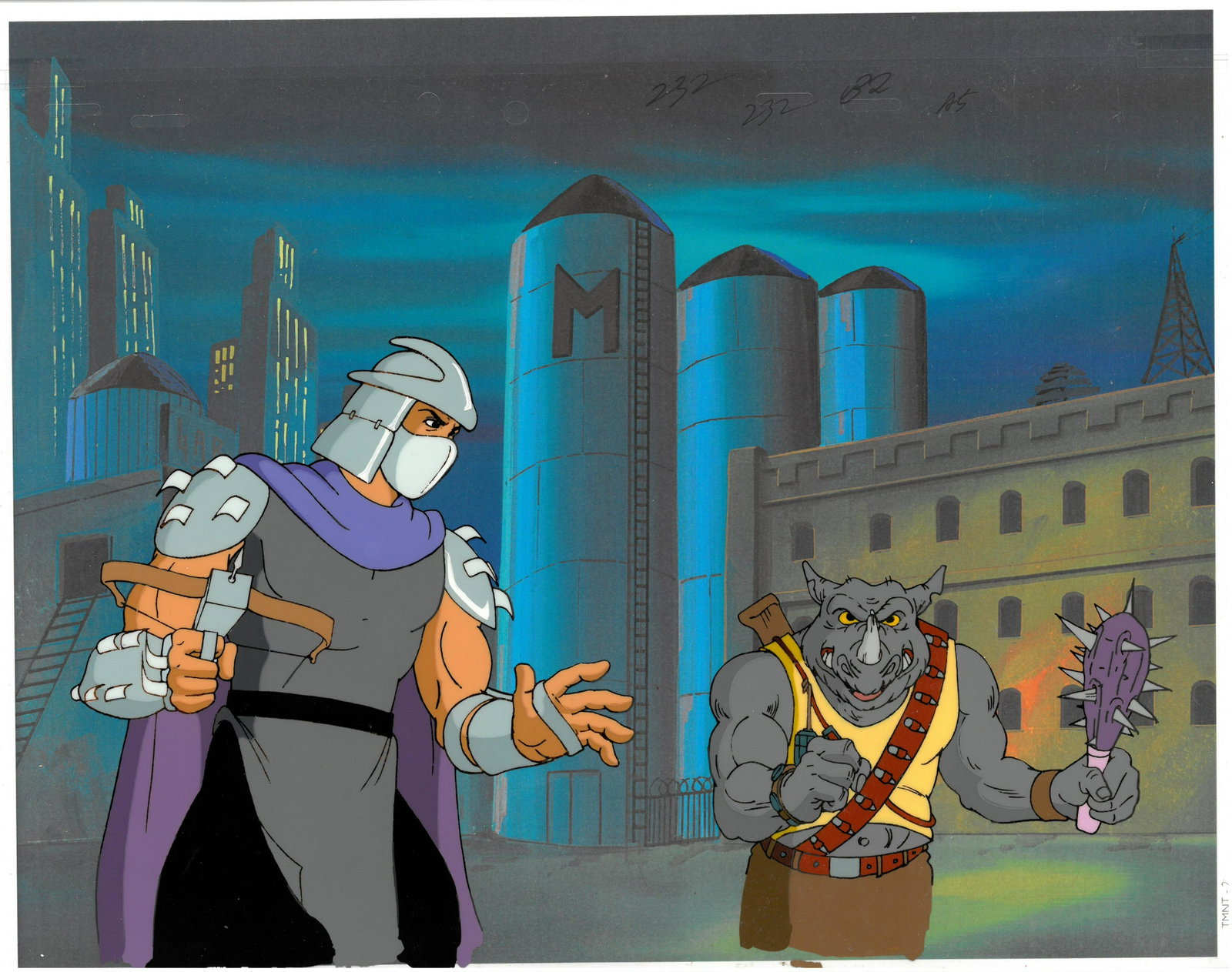 Rocksteady & Shredder of (TMNT) Turtles- Original Production Cel: An original Teenage Mutant Ninja Turtle production cel. This cel depicts a frame from a scene in a Teenage Mutant Ninja Turtles cartoon episode. This frame features Rocksteady and Shredder . Is produc