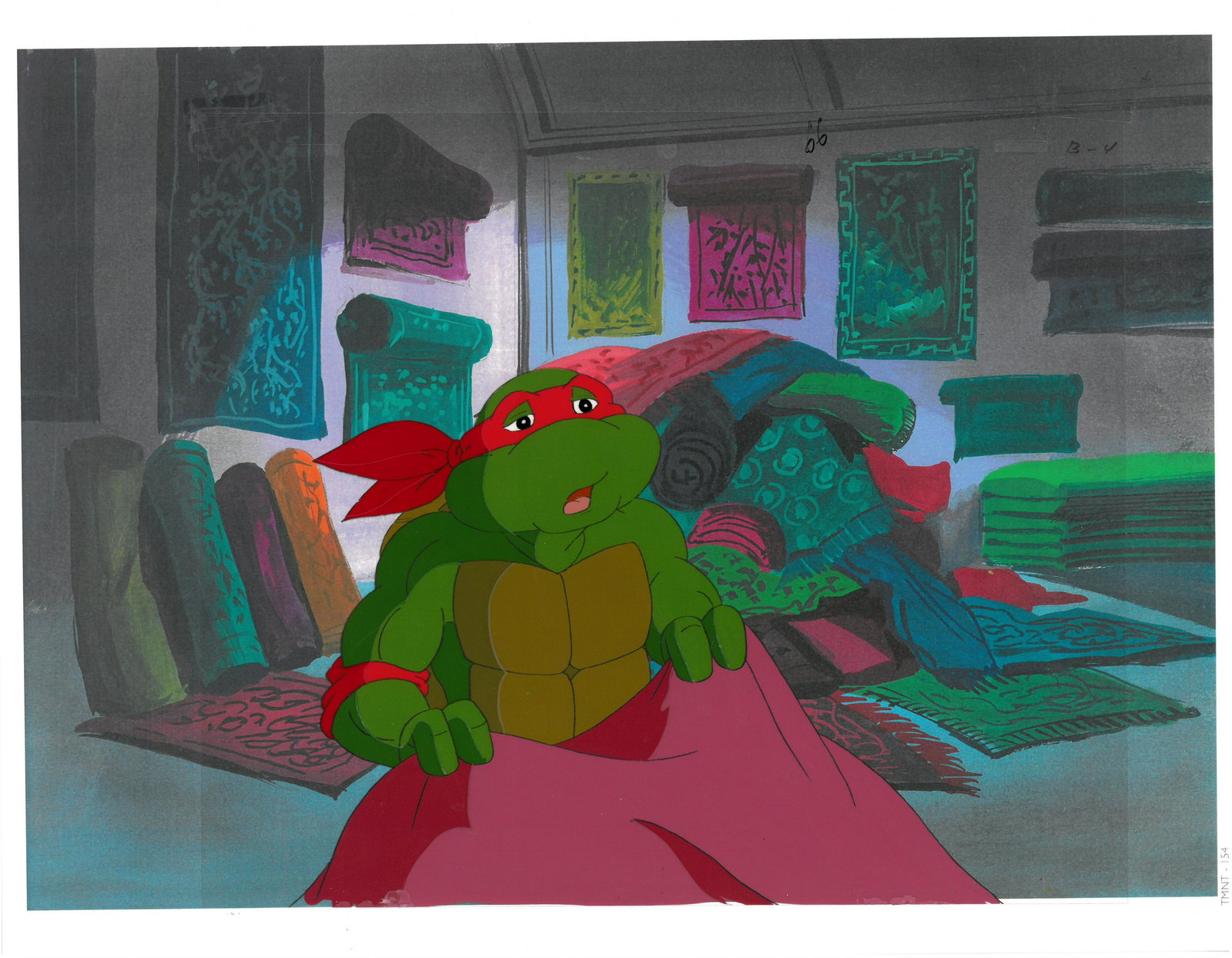 Raphael of (TMNT) Turtles- Original Production Cel: An original Teenage Mutant Ninja Turtle production cel. This cel depicts a frame from a scene in a Teenage Mutant Ninja Turtles cartoon episode. This frame features Raphael . Is produced by Murakami-W