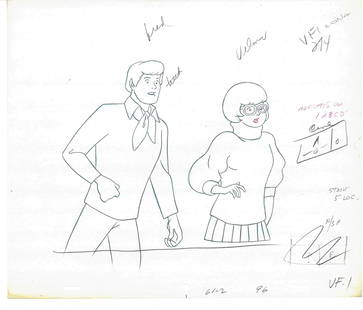 Scooby-Doo -Original Production Drawing - Fred and Velma: An original production drawing from "The Thirteen Ghosts of Scooby-Doo." Featured is an original production drawing depicting the characters Fred and Velma. Inscriptions are written in several areas o