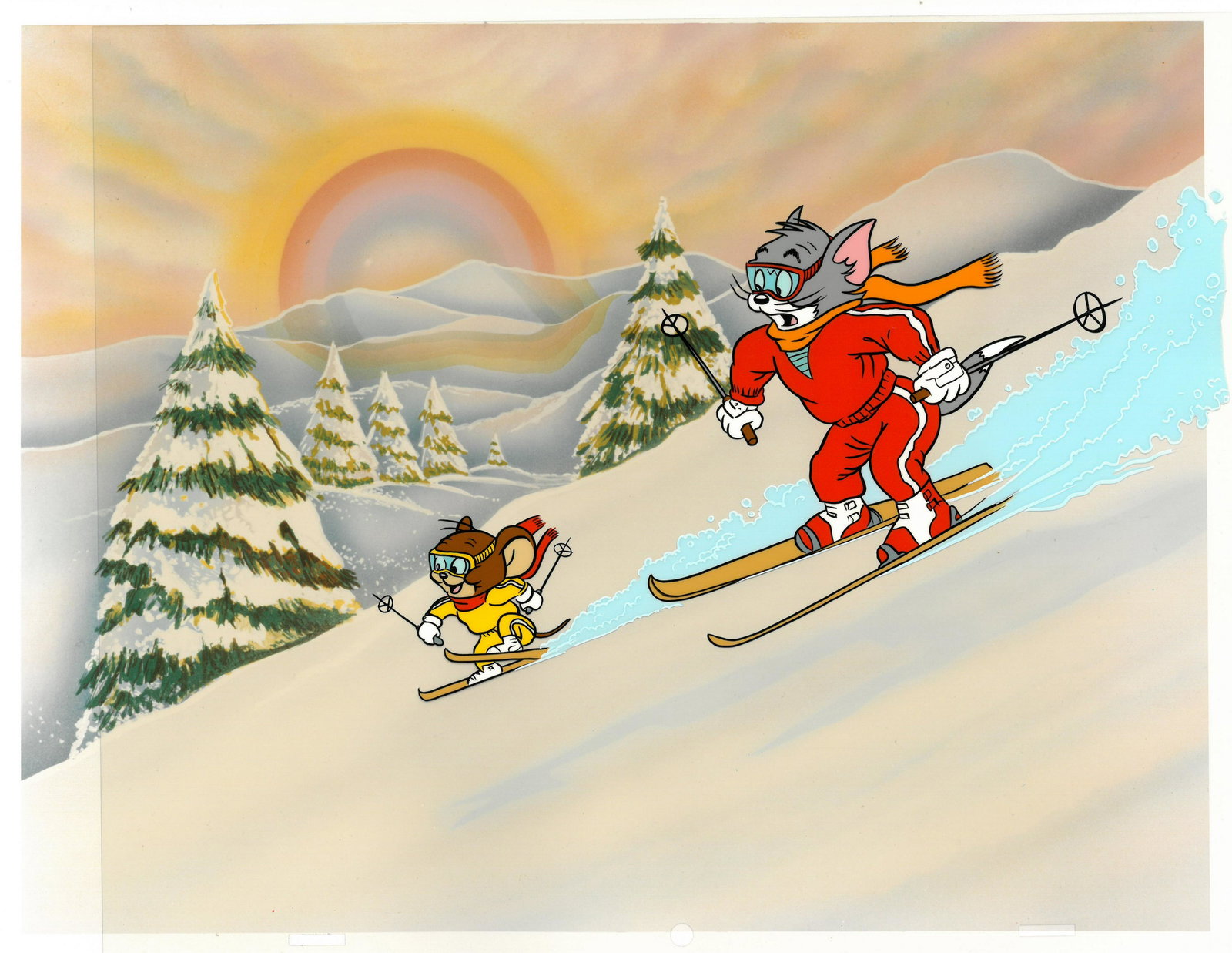 Tom and Jerry- hand-painted cel-Downhill Adventure: This 12-field hand-painted limited edition cel is entitled " Downhill Adventure " The scene features Tom and Jerry Skiing Downhill.. The drawing was created by Turner Home Entertainment animator Marci