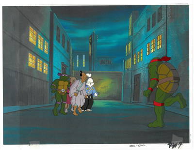 Miyamoto Usagi,Donatello, Leonardo of (TMNT) Turtles- Original Production Cel/with Drawing: An original Teenage Mutant Ninja Turtle production cel and matching drawings. This cel depicts a frame from a scene in a Teenage Mutant Ninja Turtles cartoon episode. This frame features Miyamoto