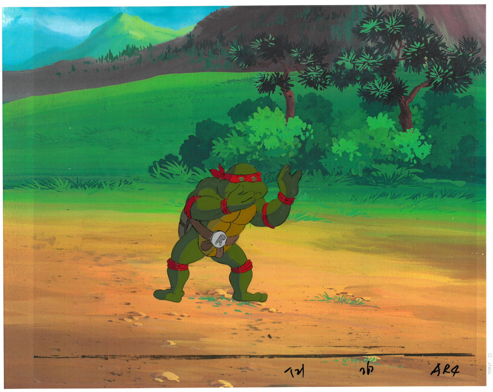 Raphael of (TMNT) Turtles- Original Production Cel: An original Teenage Mutant Ninja Turtle production cel. This cel depicts a frame from a scene in a Teenage Mutant Ninja Turtles cartoon episode. This frame features Raphael . Is produced by Murakami-W