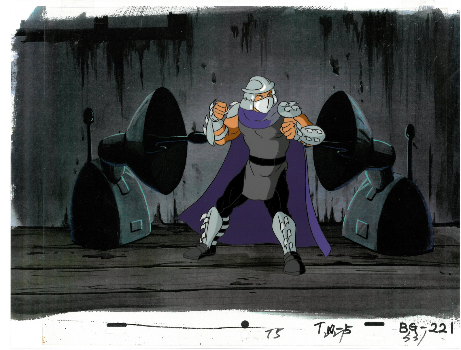 Shredder of (TMNT) Turtles- Original Production Cel: An original Teenage Mutant Ninja Turtle production cel. This cel depicts a frame from a scene in a Teenage Mutant Ninja Turtles cartoon episode. This frame features Shredder. Is produced by Murakami-W