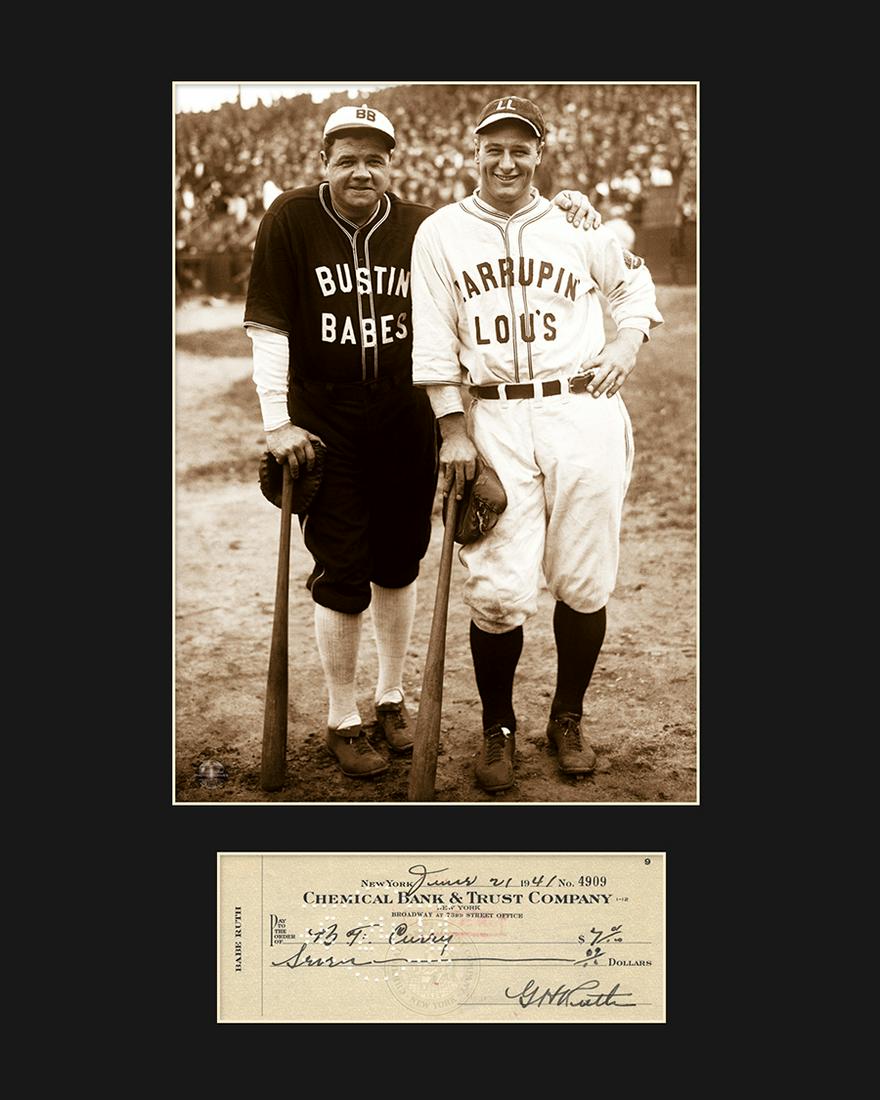 Babe Ruth and Lou Gehrig - Matted with Reproduction Check: A matted fuji crystal photograph entitled â€œBustinâ€™ Babes.” This original photograph of Babe Ruth and Lou Gehrig was taken on October 13, 1927, during their Japan baseball tour. Also