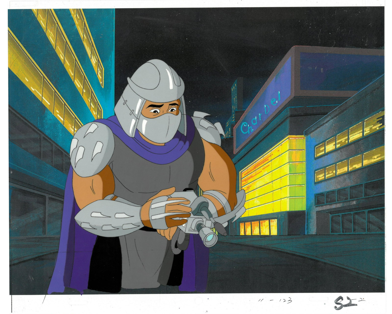 Shredder of (TMNT) Turtles- Original Production Cel: An original Teenage Mutant Ninja Turtle production cel. This cel depicts a frame from a scene in a Teenage Mutant Ninja Turtles cartoon episode. This frame features Shredder. Is produced by Murakami-W