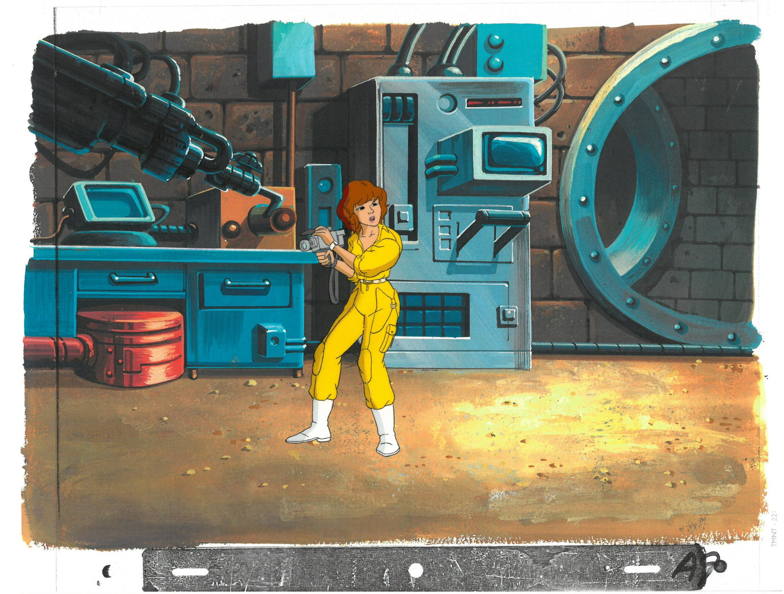 April of (TMNT) Turtles- Original Production Cel: An original Teenage Mutant Ninja Turtle production cel. This cel depicts a frame from a scene in a Teenage Mutant Ninja Turtles cartoon episode. This frame features April . Is produced by Murakami-Wol