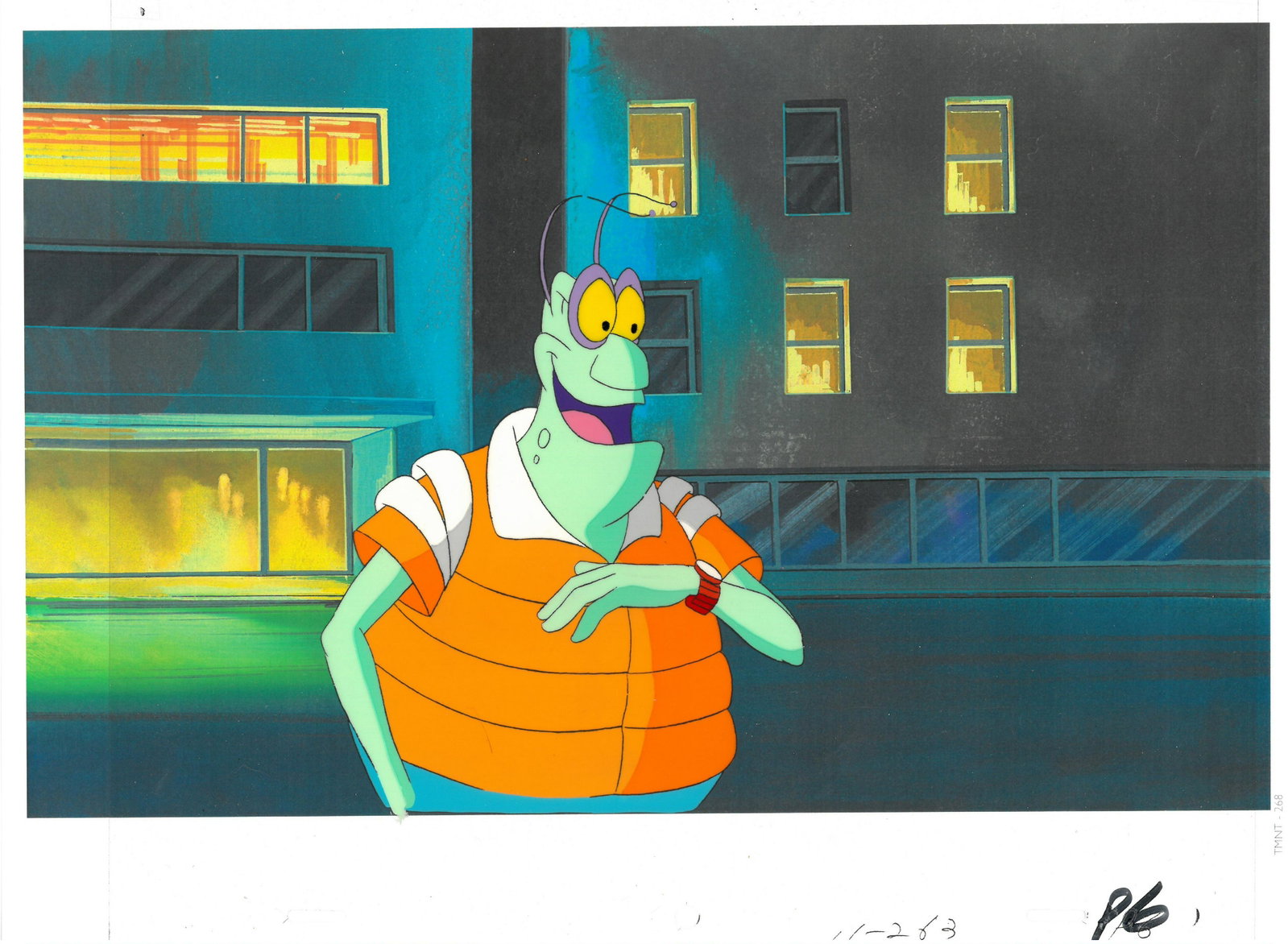 (TMNT) Turtles- Original Production Cel: An original Teenage Mutant Ninja Turtle production cel. This cel depicts a frame from a scene in a Teenage Mutant Ninja Turtles cartoon episode. Is produced by Murakami-Wolf-Swenson Studios, 1987. The