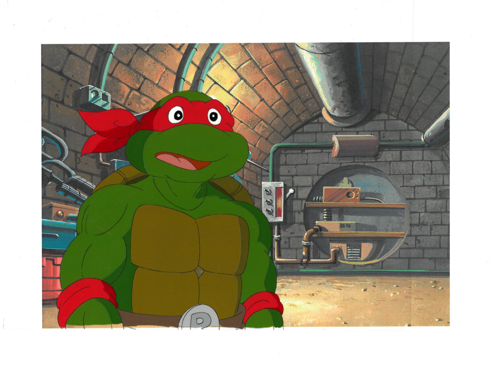 Raphael of (TMNT) Turtles- Original Production Cel: An original Teenage Mutant Ninja Turtle production cel. This cel depicts a frame from a scene in a Teenage Mutant Ninja Turtles cartoon episode. This frame features Raphael . Is produced by Murakami-W