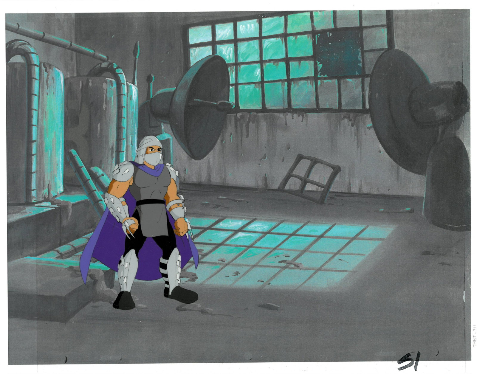 Shredder of (TMNT) Turtles- Original Production Cel: An original Teenage Mutant Ninja Turtle production cel. This cel depicts a frame from a scene in a Teenage Mutant Ninja Turtles cartoon episode. This frame features Shredder. Is produced by Murakami-W