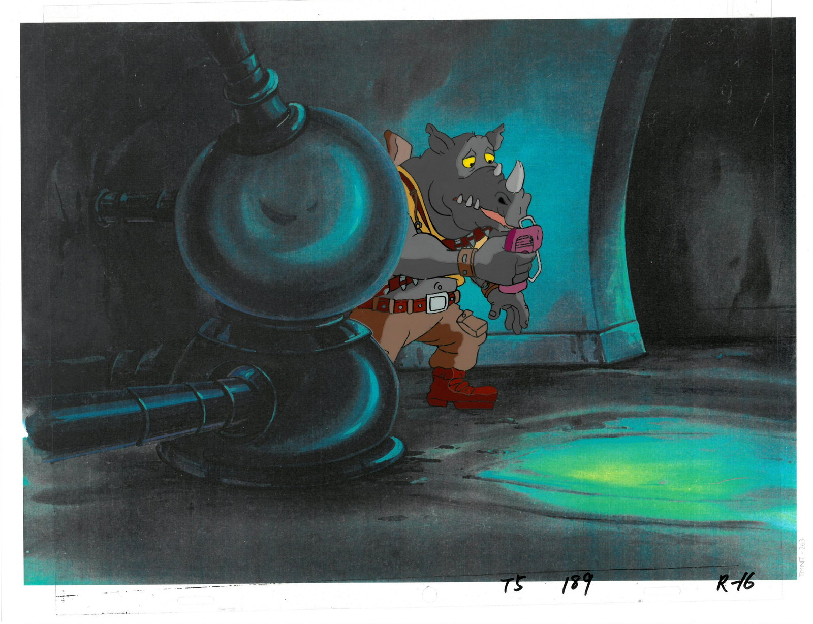 Rocksteady of (TMNT) Turtles-Original Production Cel: An original Teenage Mutant Ninja Turtle production cel. This cel depicts a frame from a scene in a Teenage Mutant Ninja Turtles cartoon episode. This frame features Rocksteady . Is produced by Murakam