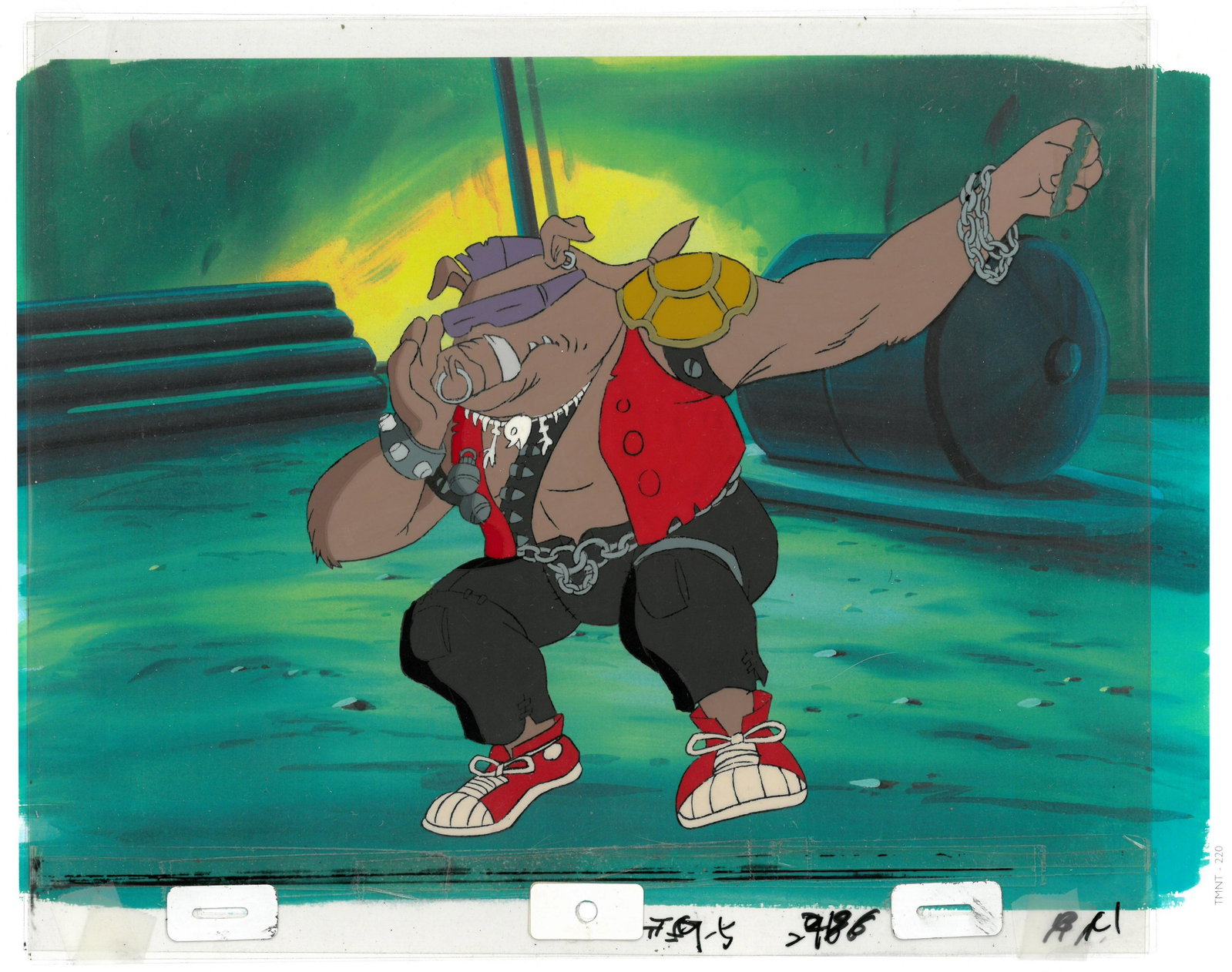 Bebop of (TMNT) Turtles-Original Production Cel: An original Teenage Mutant Ninja Turtle production cel. This cel depicts a frame from a scene in a Teenage Mutant Ninja Turtles cartoon episode. This frame features Bebop . Is produced by Murakami-Wol