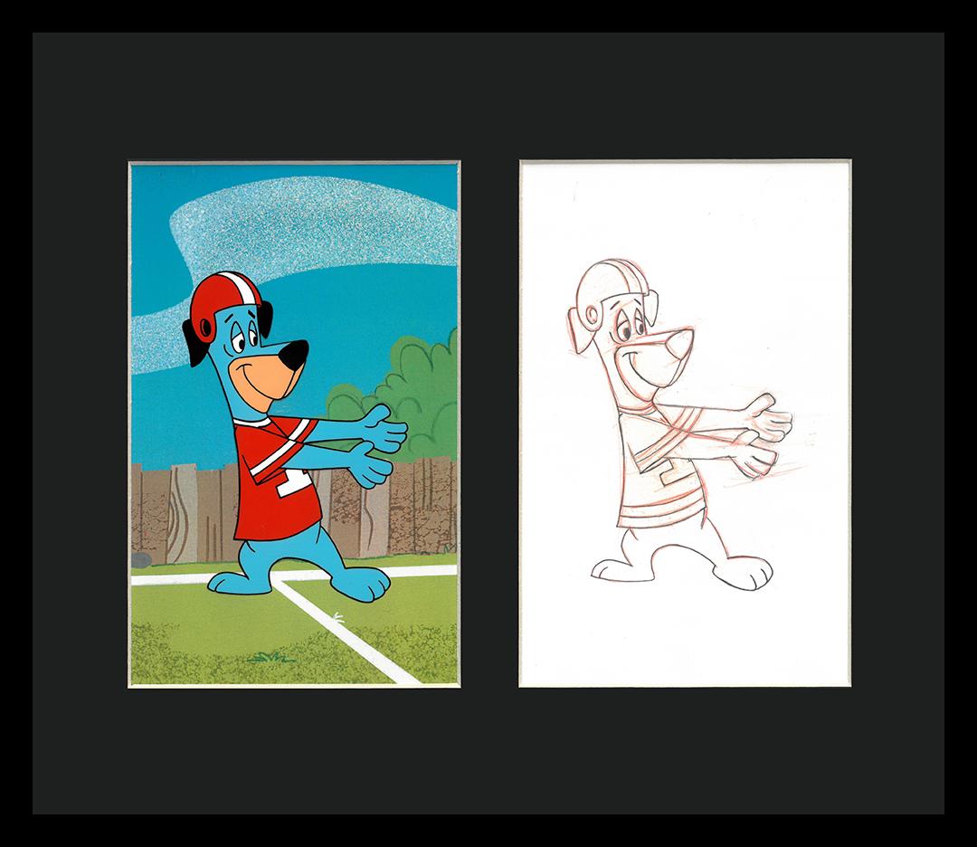 Huckleberry Hound - Original Production Cel/Drawing Framed: Huckleberry Hound, a blue-haired southern dog who is the jack-of-all-trades who debuted in 1958. Featured is an original production cel and matching production drawing. These were used for the August 