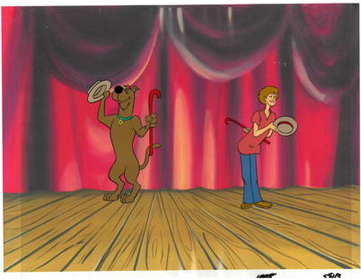 Scooby-Doo -Original Production Cel/Drawing-Scooby and Shaggy: An original multi-cel production set-up with matching drawing from "The Thirteen Ghosts of Scooby-Doo" with reproduction offset lithograph background. Featured is an original production cel on acetate