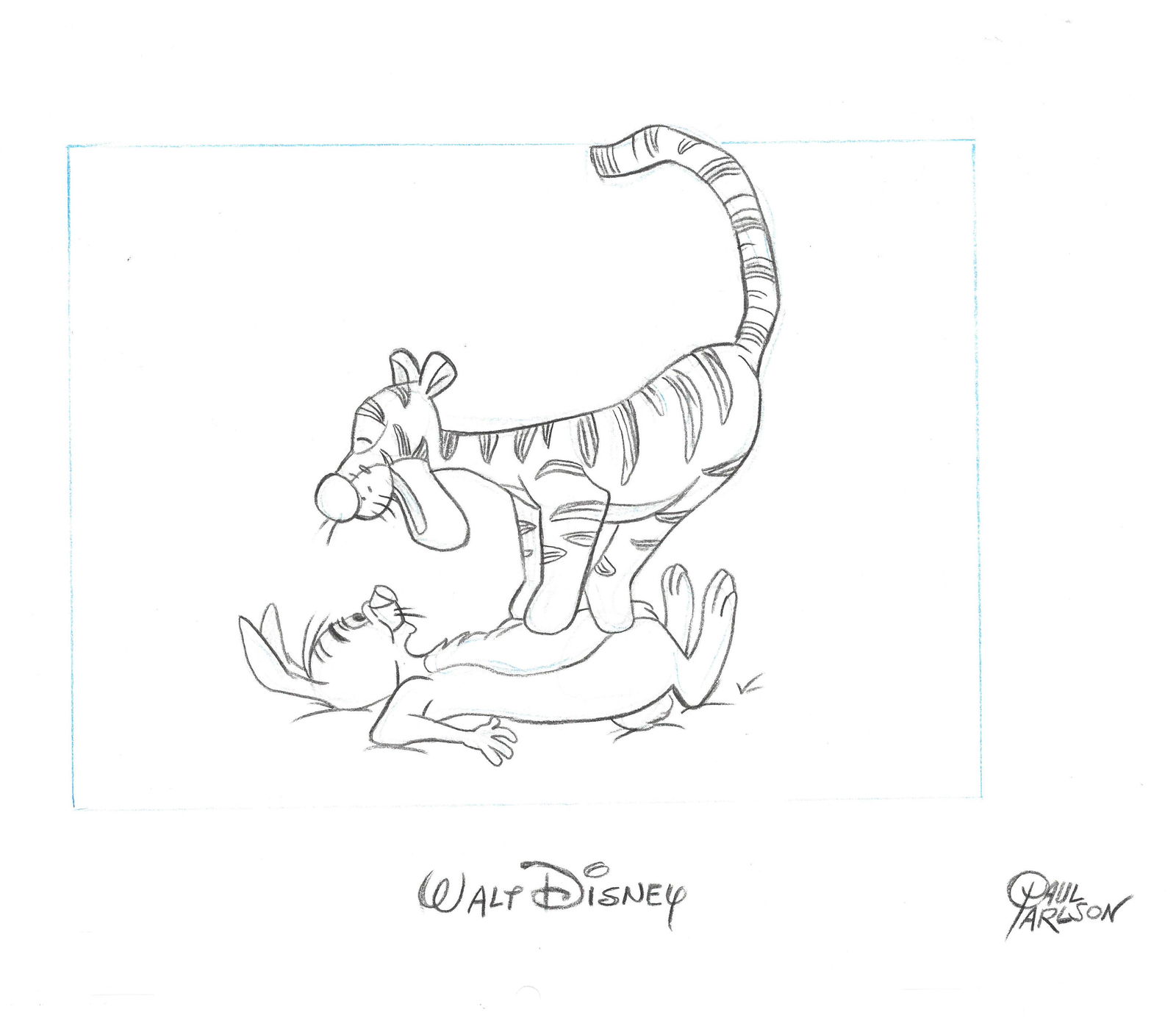 Tigger and Rabbit -Walt Disney- Signed Animator's Drawing: A black and white linear animator's drawing by Disney's deceased animator Paul Carlson titled " Tigger and Rabbit " from Tigger and Winnie the Pooh Too (1974.) Paul Carlson, after joining Disney in 19