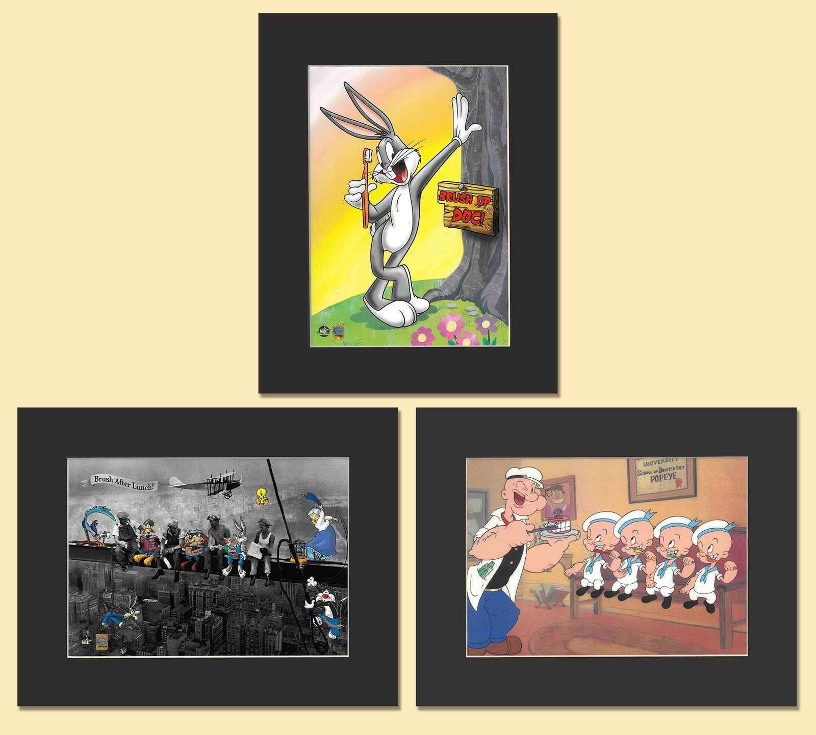 Dental Themed Lithographs: Three 11x14 Dental Themed lithographs. The first is entitled "Brushing 101", the second "Brush Up Doc", and the third "Brush After Lunch." All presented matted with COA