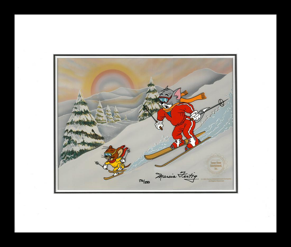 Tom and Jerry- SIGNED-hand-painted cel-Downhill Adventure-Framed: This 12-field hand-painted limited edition cel is entitled " Downhill Adventure " The scene features Tom and Jerry Skiing Downhill.. The drawing was created and SIGNED by Turner Home Entertainment ani