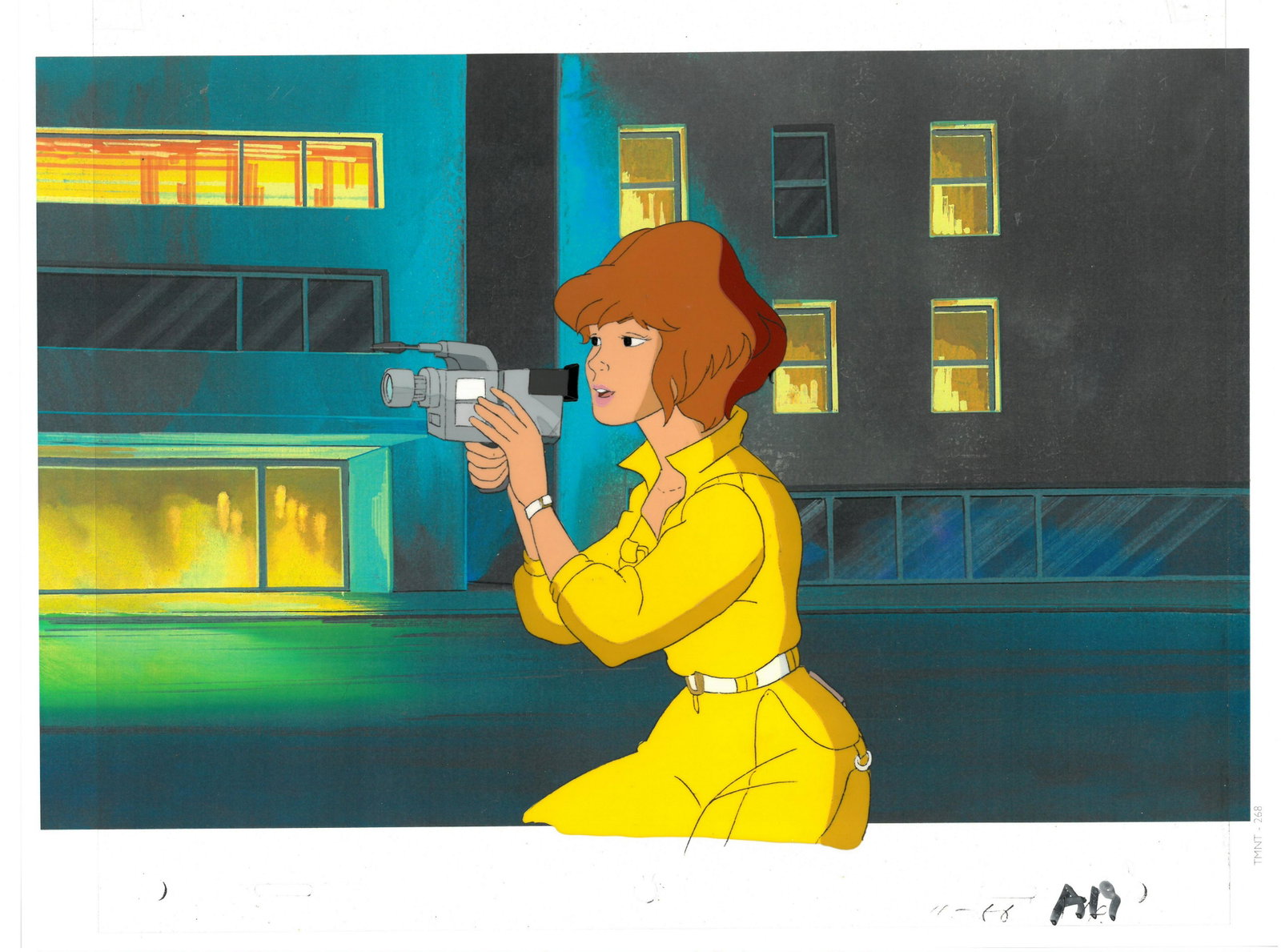 April of (TMNT) Turtles- Original Production Cel: An original Teenage Mutant Ninja Turtle production cel. This cel depicts a frame from a scene in a Teenage Mutant Ninja Turtles cartoon episode. This frame features April . Is produced by Murakami-Wol