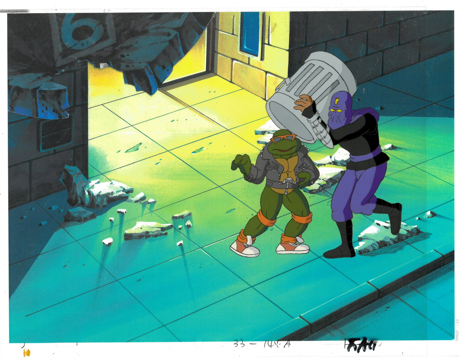 Michelangelo & Villian TMNT Original Production Cel/Drawing: An original Teenage Mutant Ninja Turtle production cel with matching drawing. This cel depicts a frame from a scene in a Teenage Mutant Ninja Turtles cartoon episode. This frame features Michelangelo 