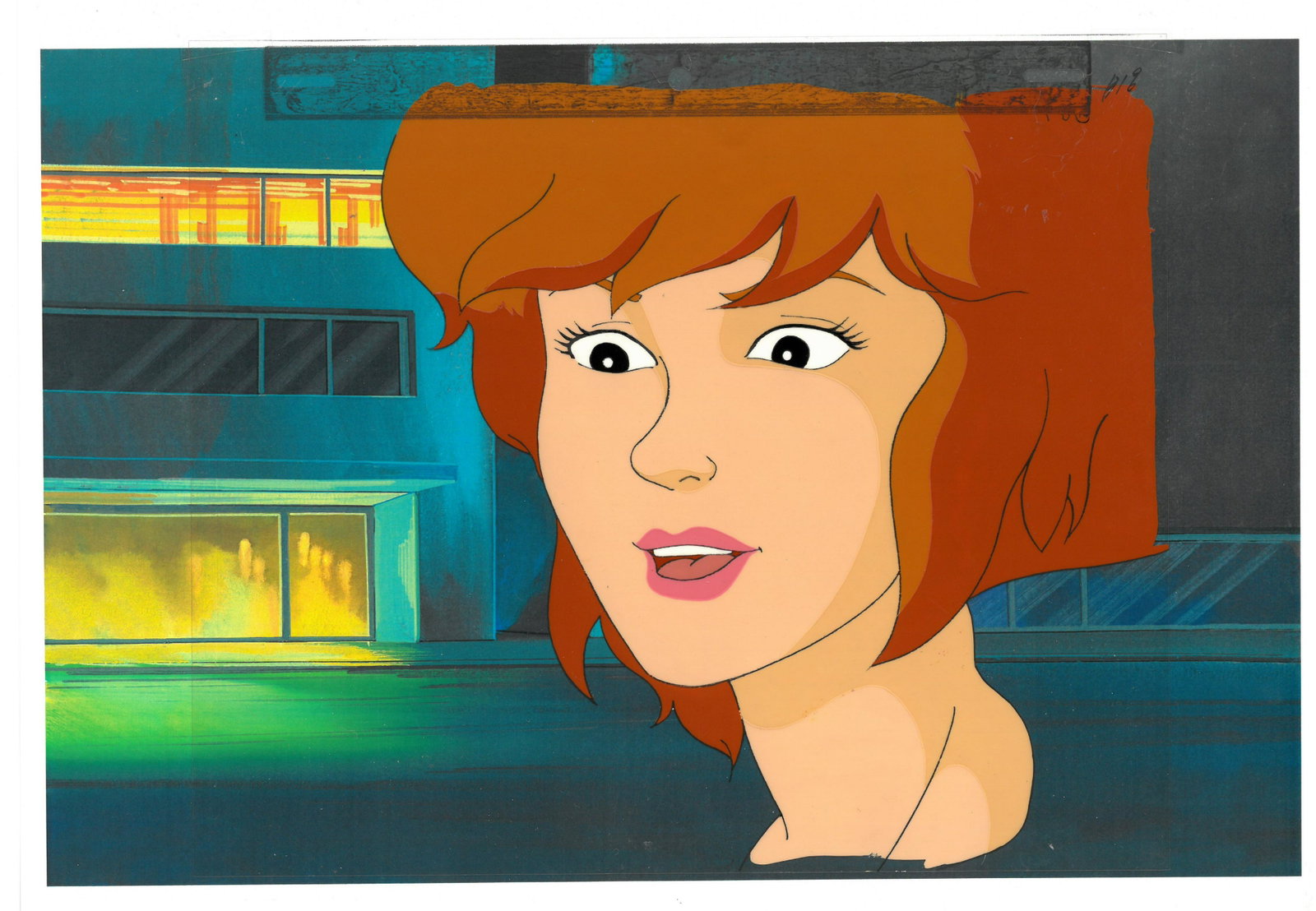 April of (TMNT) Turtles- Original Production Cel: An original Teenage Mutant Ninja Turtle production cel. This cel depicts a frame from a scene in a Teenage Mutant Ninja Turtles cartoon episode. This frame features April . Is produced by Murakami-Wol