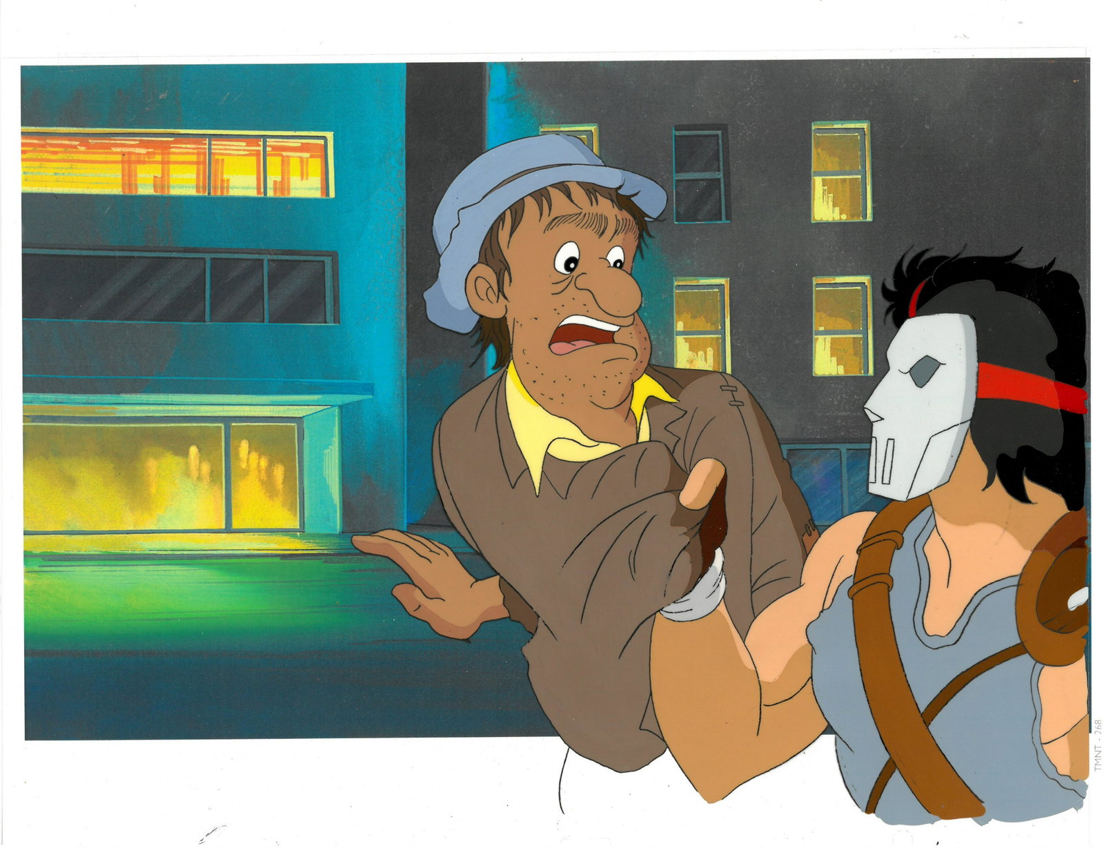 Casey Jones of (TMNT) Original Production Cel: An original Teenage Mutant Ninja Turtle production cel. This cel depicts a frame from a scene in a Teenage Mutant Ninja Turtles cartoon episode. This frame features Casey Jones. Is produced by Murakam