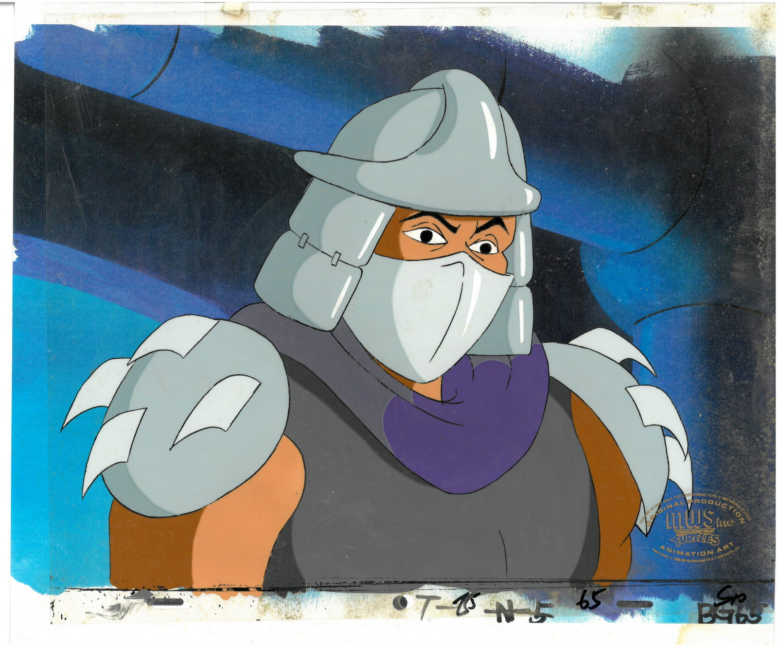 Shredder of (TMNT) Turtles- Original Production Cel: An original Teenage Mutant Ninja Turtle production cel. This cel depicts a frame from a scene in a Teenage Mutant Ninja Turtles cartoon episode. This frame features Shredder. Is produced by Murakami-W