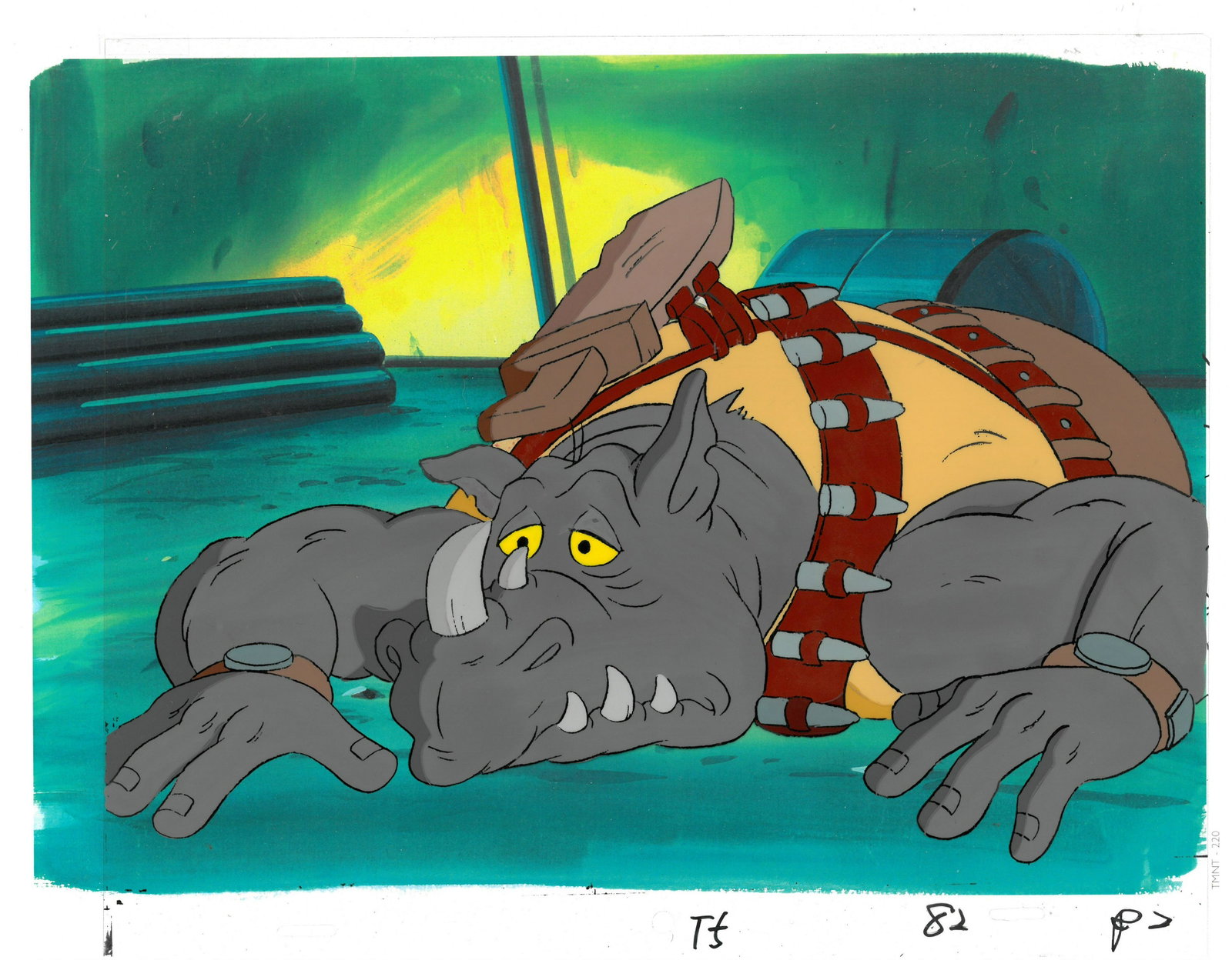 Rocksteady of (TMNT) Turtles- Original Production Cel: An original Teenage Mutant Ninja Turtle production cel. This cel depicts a frame from a scene in a Teenage Mutant Ninja Turtles cartoon episode. This frame features Rocksteady . Is produced by Murakam