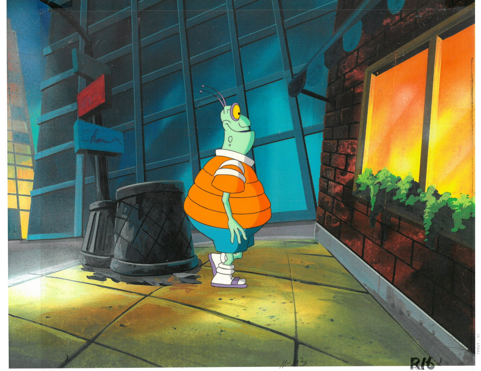 (TMNT) Turtles- Original Production Cel: An original Teenage Mutant Ninja Turtle production cel. This cel depicts a frame from a scene in a Teenage Mutant Ninja Turtles cartoon episode. Is produced by Murakami-Wolf-Swenson Studios, 1987. The