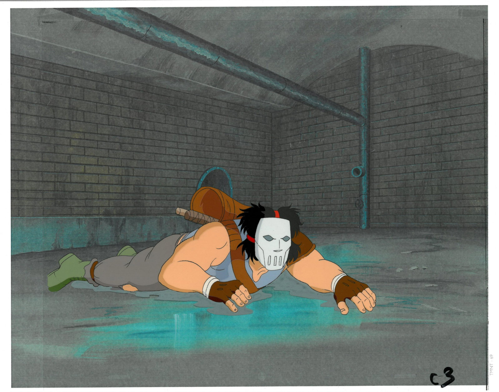 Casey Jones of (TMNT) Turtles- Original Production Cel/Drawing: An original Teenage Mutant Ninja Turtle production cel with matching drawing. This cel depicts a frame from a scene in a Teenage Mutant Ninja Turtles cartoon episode. This frame features Casey Jones. 