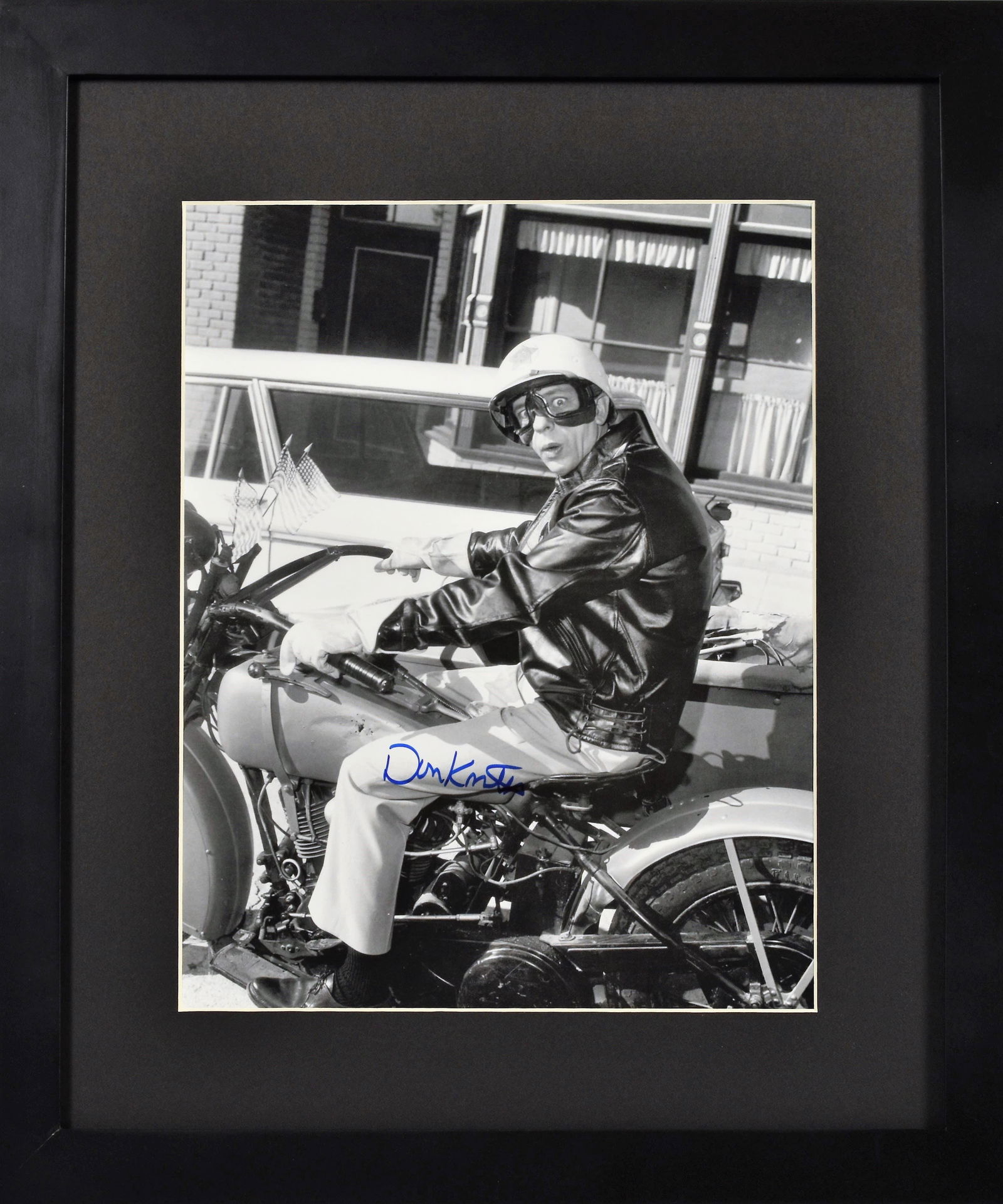 Don Knotts -SIGNED -Barney Fife-Framed: An offset lithograph of Barney Fife, an Andy Griffith Show character, played by Don Knotts entitled "Barney Motorcycle". The lithograph is signed by Don Knotts and features a COA as well as a photo of