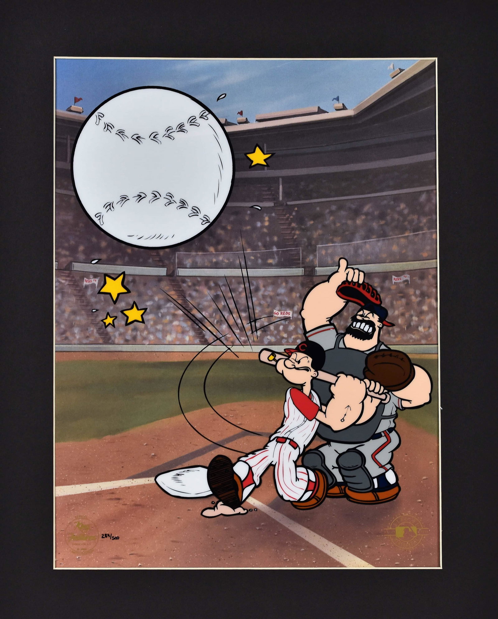 Cincinnati Reds - Popeye Homerun - Sericel: This 16-field Cincinnati Reds themed sericel is entitled "Homerun Popeye." This sericel began with a drawing from Myron Waldman. This drawing was then converted to a sericel with a lithographic backgr