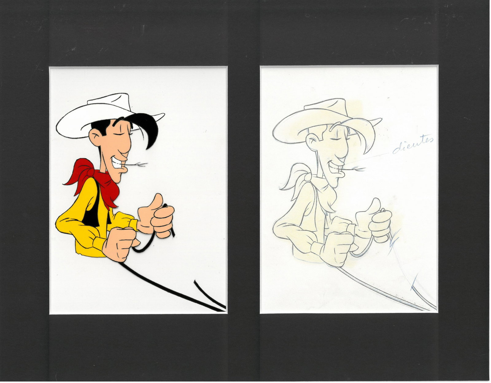 Lucky Luke - Original production cel/drawing-matted: This production cel and drawing is from â€œ Lucky Luke ” (circa 1990â€™s). This image features Lucky Luke. Lucky Luke was created in 1946 by Belgian Comic Artist Maurice de Buere. Lucky