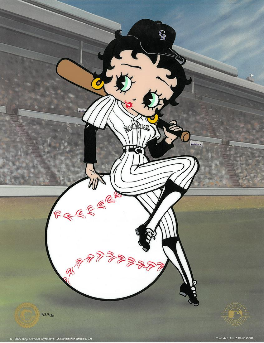 Colorado Rockies/Betty Boop Sericel: A limited edition Colorado Rockies-themed sericel, featuring an image of Betty Boop entitled " Betty on Deck ", which depicts the character in a fitted Rockies uniform, leaning against an oversized ba