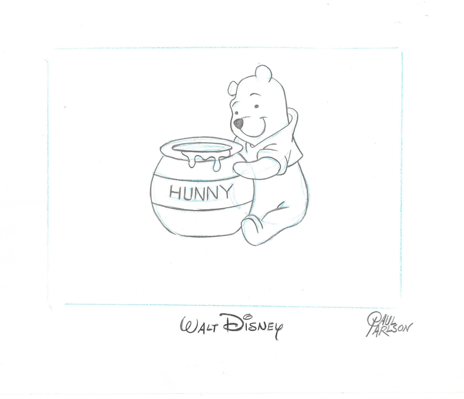 Winnie the Pooh -Walt Disney- Signed Animator's Drawing: A black and white linear animator's drawing by Disney's deceased animator Paul Carlson titled " Pooh" from Tigger and Winnie the Pooh Too (1974.) Paul Carlson, after joining Disney in 1954, became one
