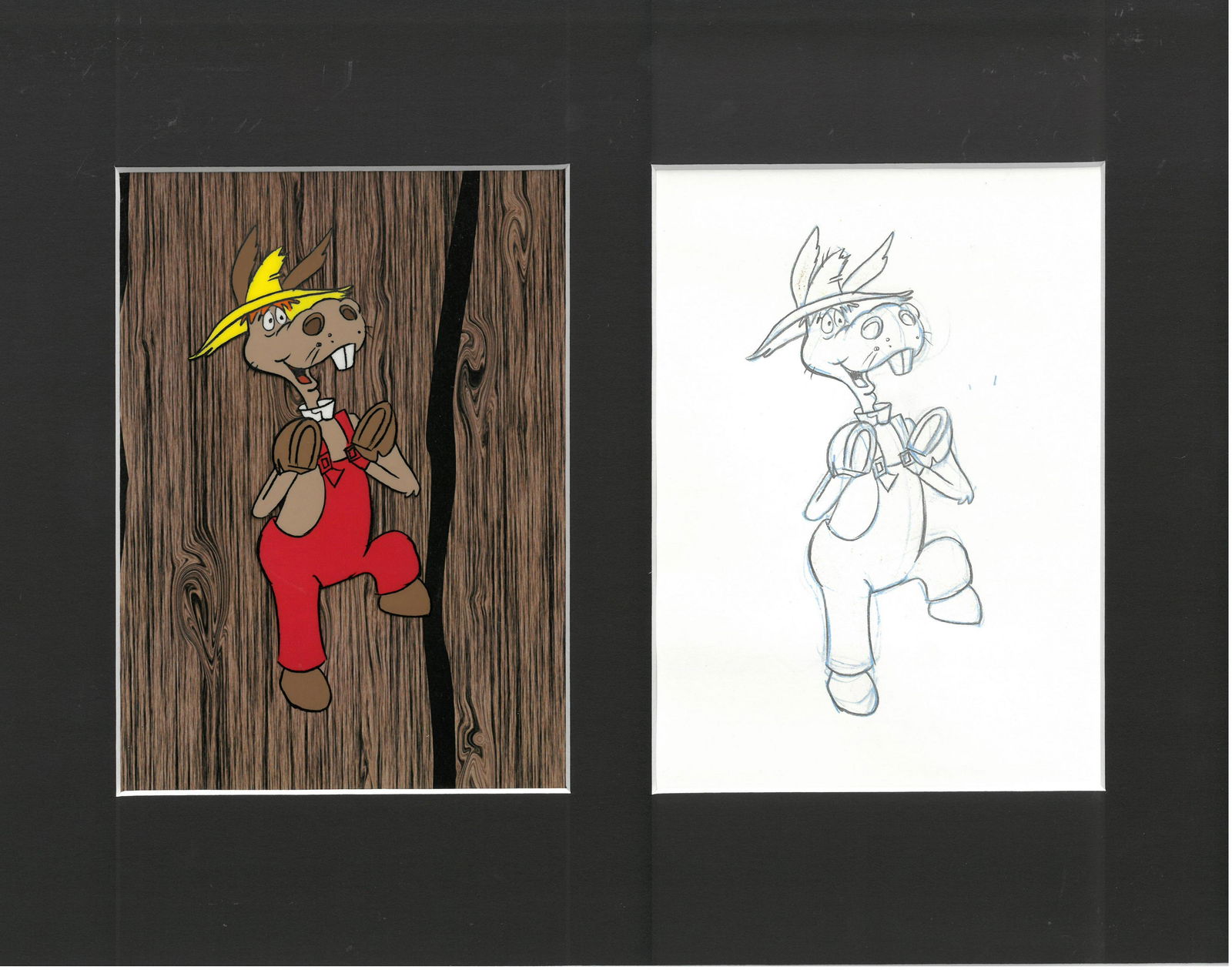 Hee-Haw Production Original Cel/Drawing (1969-1970)-Matted: An original production cel with matching drawing from the Television Show " Hee-Haw" 1969. Welcome to Hee Haw! Starring Roy Clark and Buck Owens , Country-themed comedy series that premiered on 6/15/6