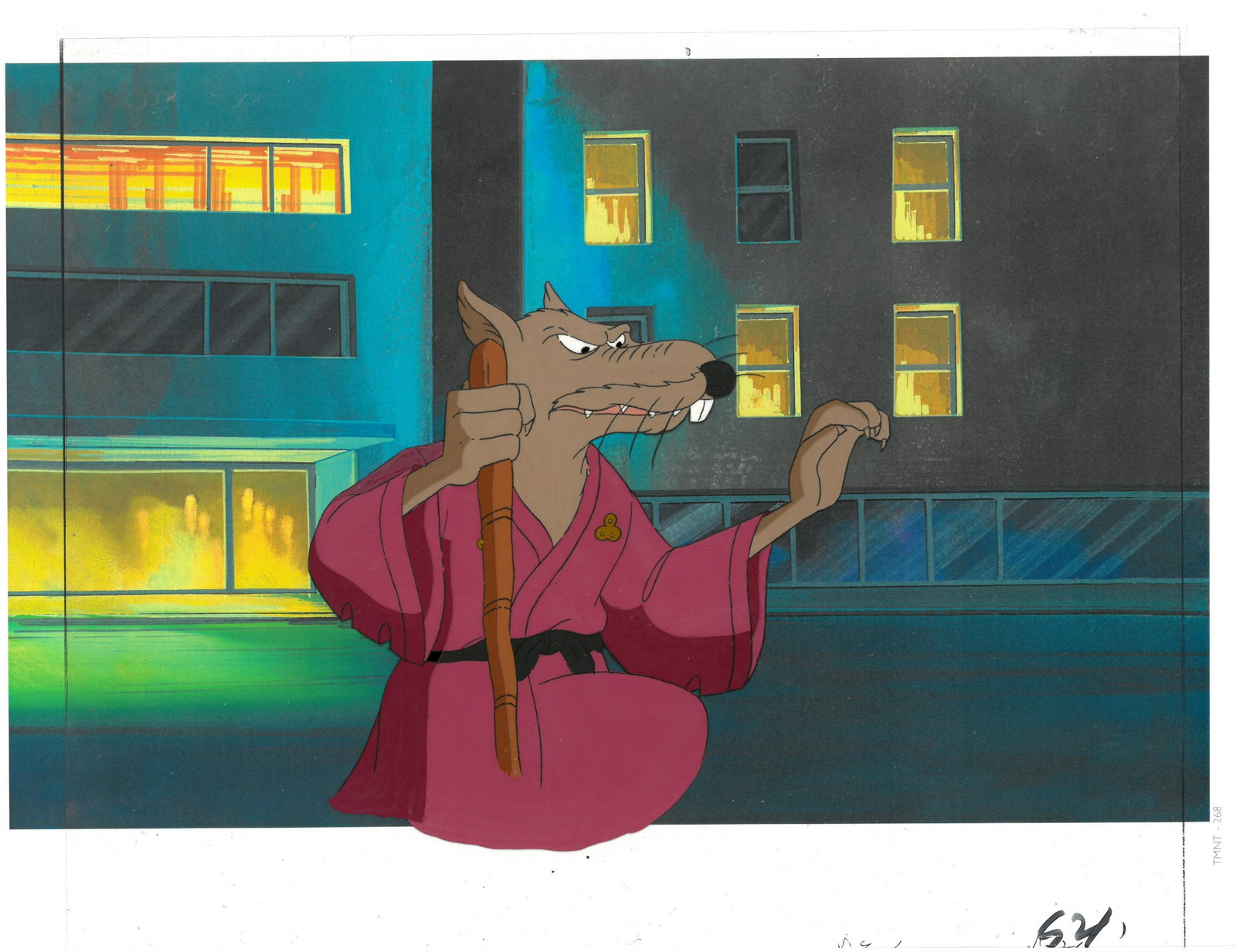 Spinter of (TMNT) Turtles, Original Production Cel: An original Teenage Mutant Ninja Turtle production cel. This cel depicts a frame from a scene in a Teenage Mutant Ninja Turtles cartoon episode. This frame features Splinter . Is produced by Murakami-