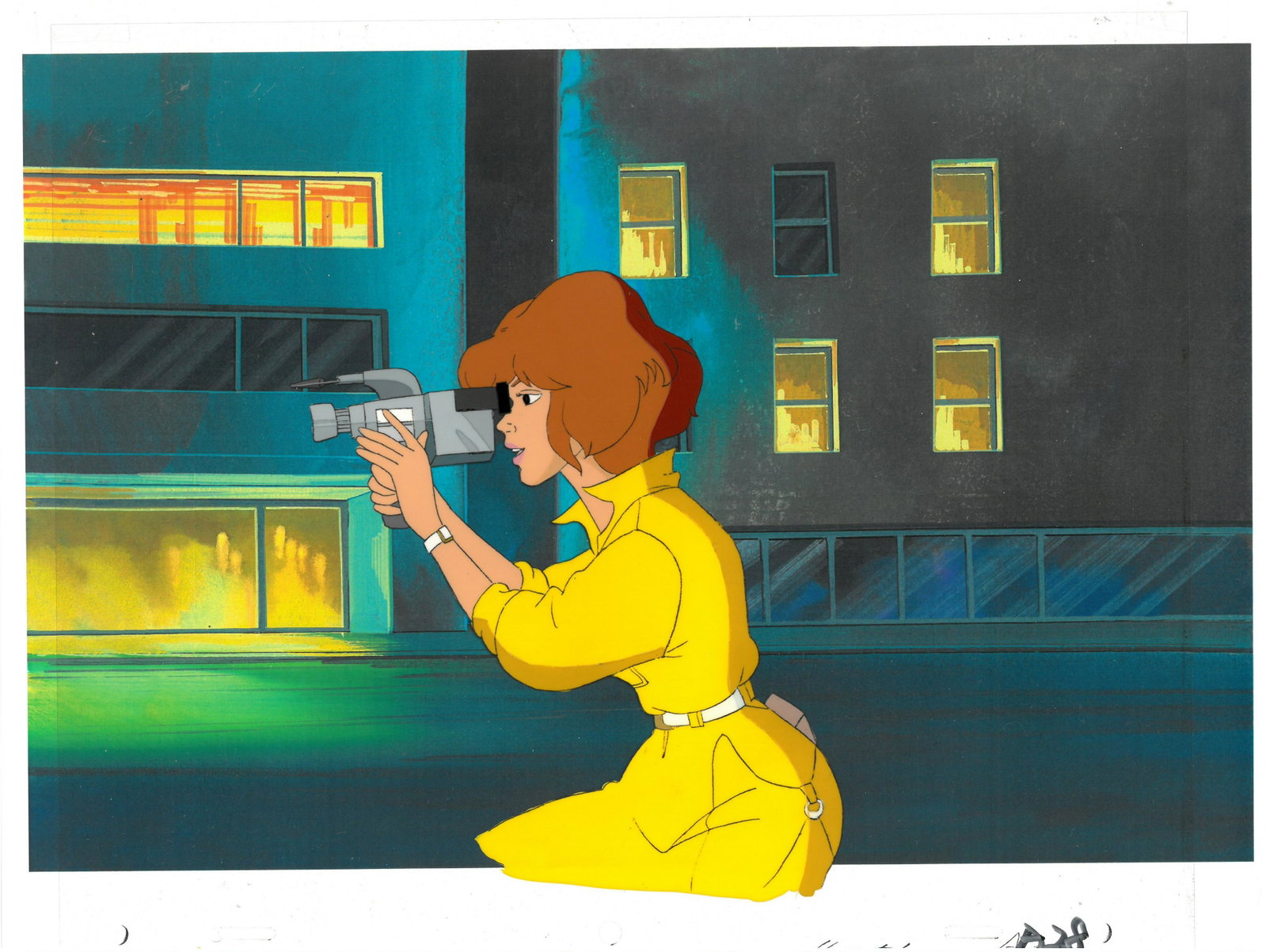 April of (TMNT) Turtles- Original Production Cel: An original Teenage Mutant Ninja Turtle production cel. This cel depicts a frame from a scene in a Teenage Mutant Ninja Turtles cartoon episode. This frame features April . Is produced by Murakami-Wol